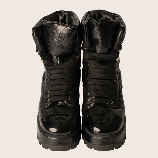 Chanel  Crumpled Patent Lambskin Calfskin Quilted Lace Up Combat Boots