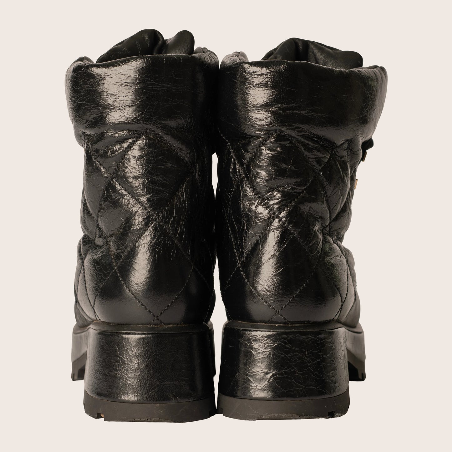 Chanel  Crumpled Patent Lambskin Calfskin Quilted Lace Up Combat Boots