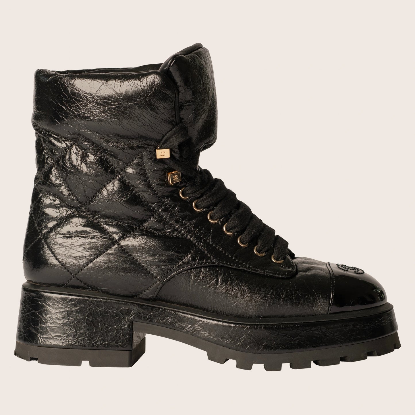 Chanel  Crumpled Patent Lambskin Calfskin Quilted Lace Up Combat Boots