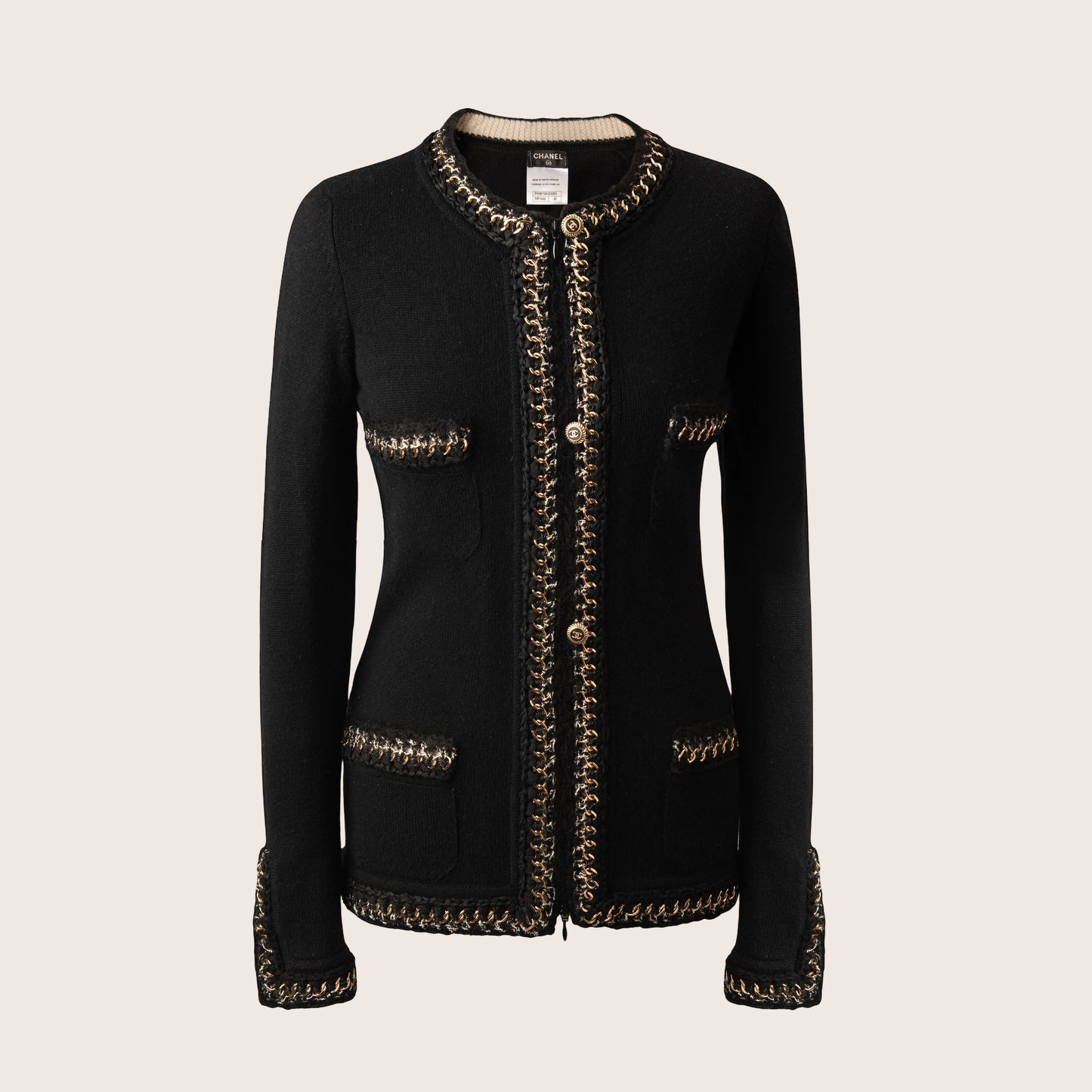 Chanel Black Knit Jacket with Gold Chain Trim