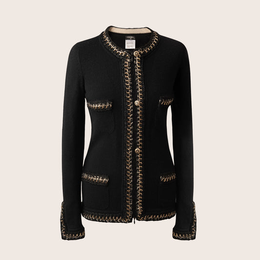 Chanel Black Knit Jacket with Gold Chain Trim