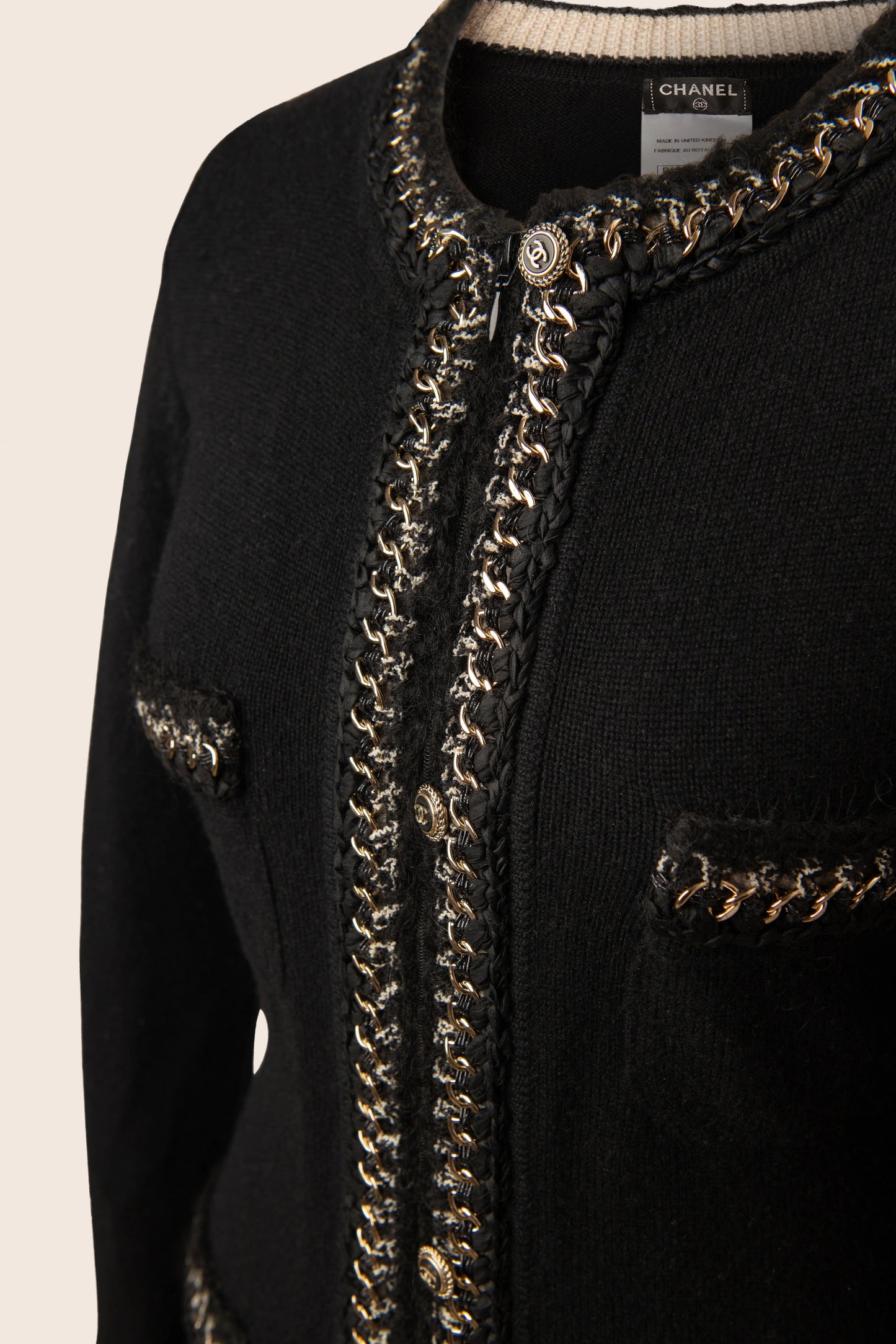 Chanel Black Knit Jacket with Gold Chain Trim
