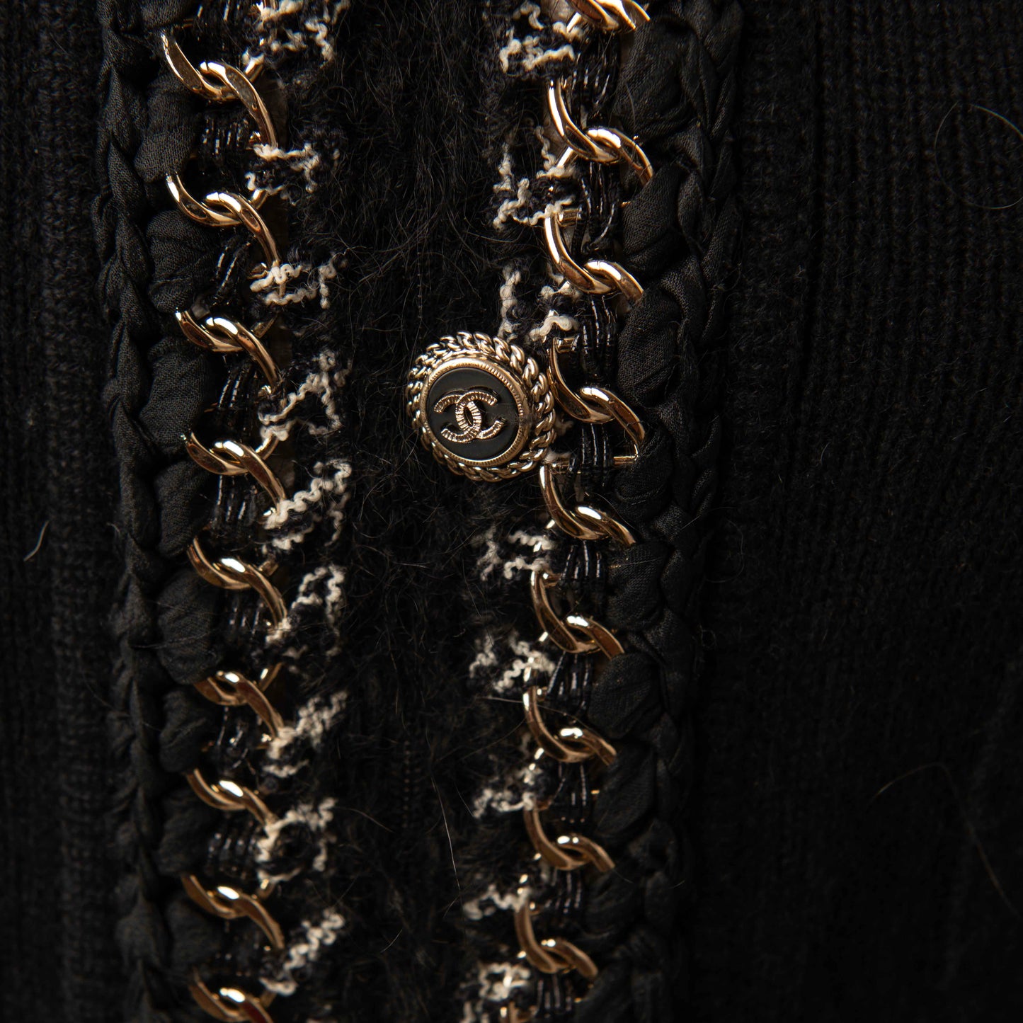 Chanel Black Knit Jacket with Gold Chain Trim