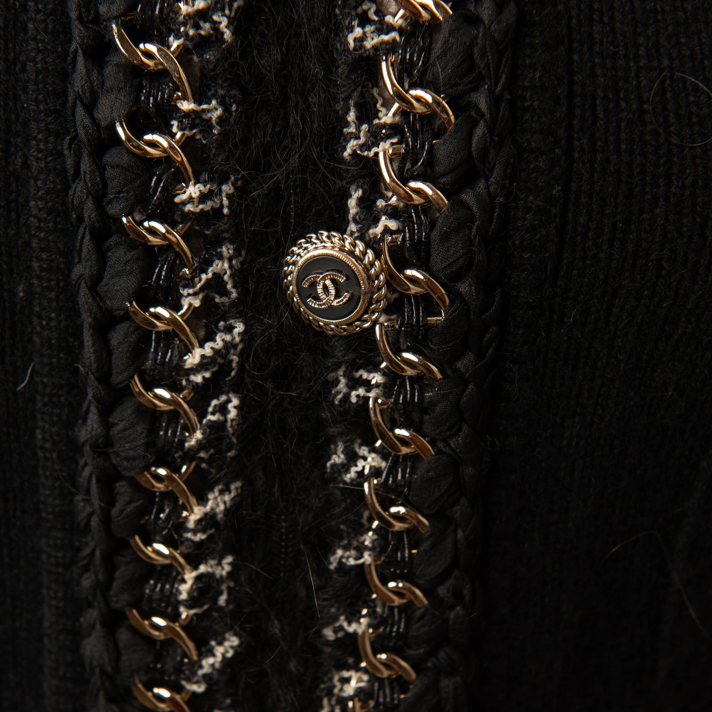 Chanel Black Knit Jacket with Gold Chain Trim