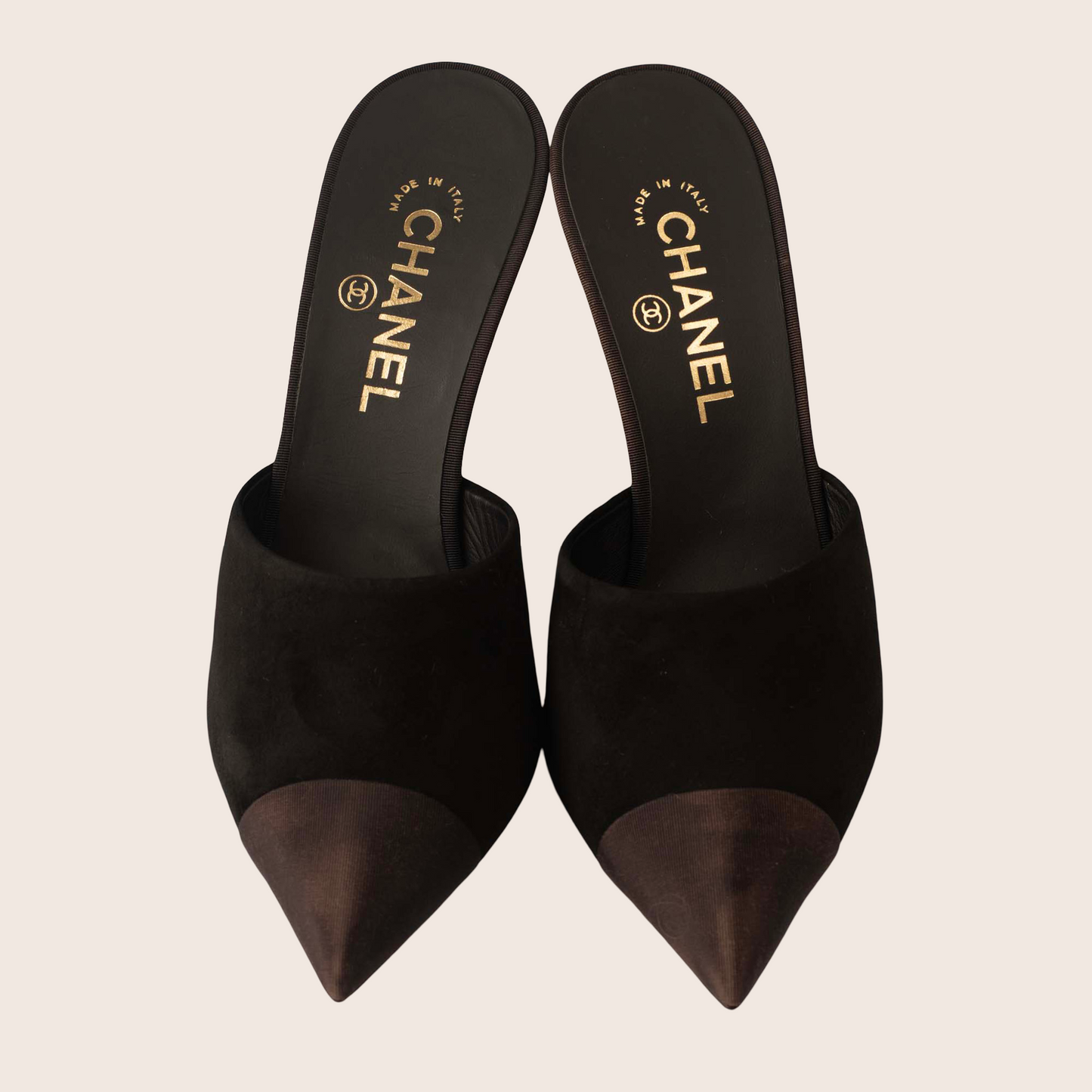 Chanel Black Suede Mules with Pearl-Embellished Heels