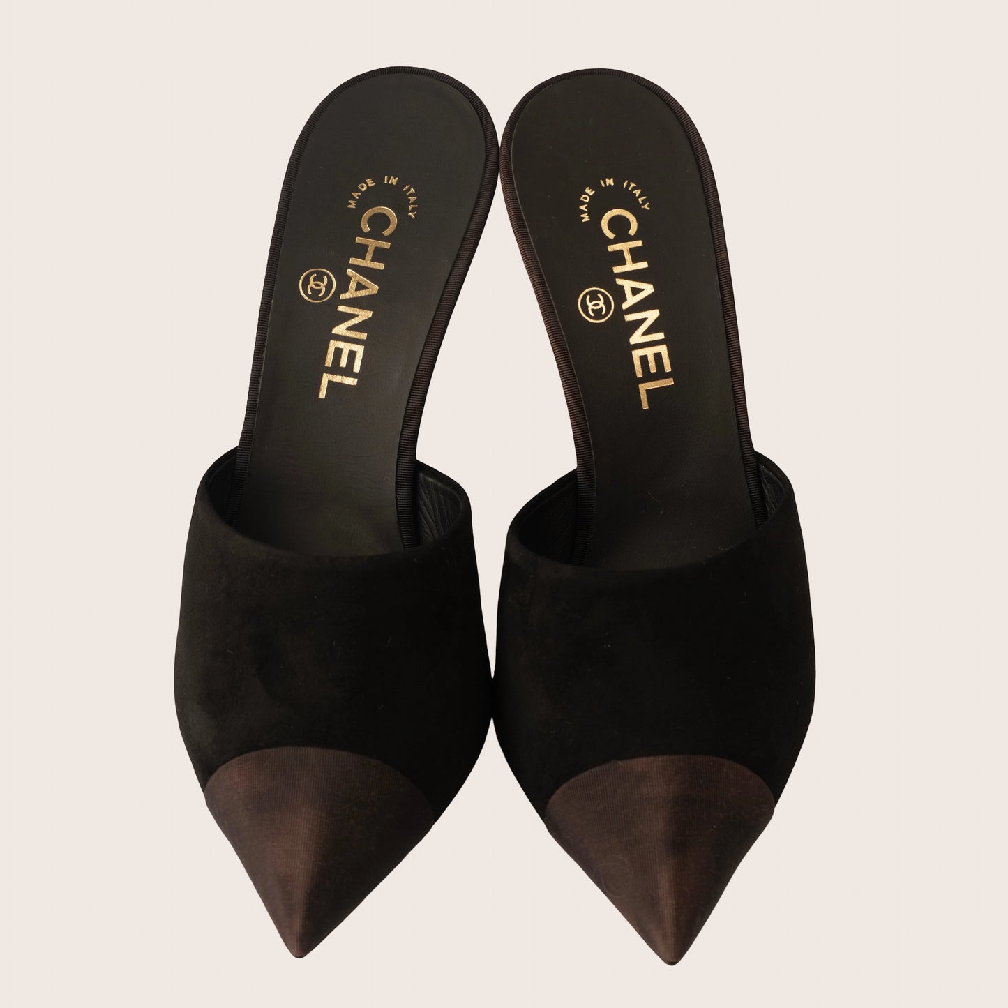 Chanel Black Suede Mules with Pearl-Embellished Heels