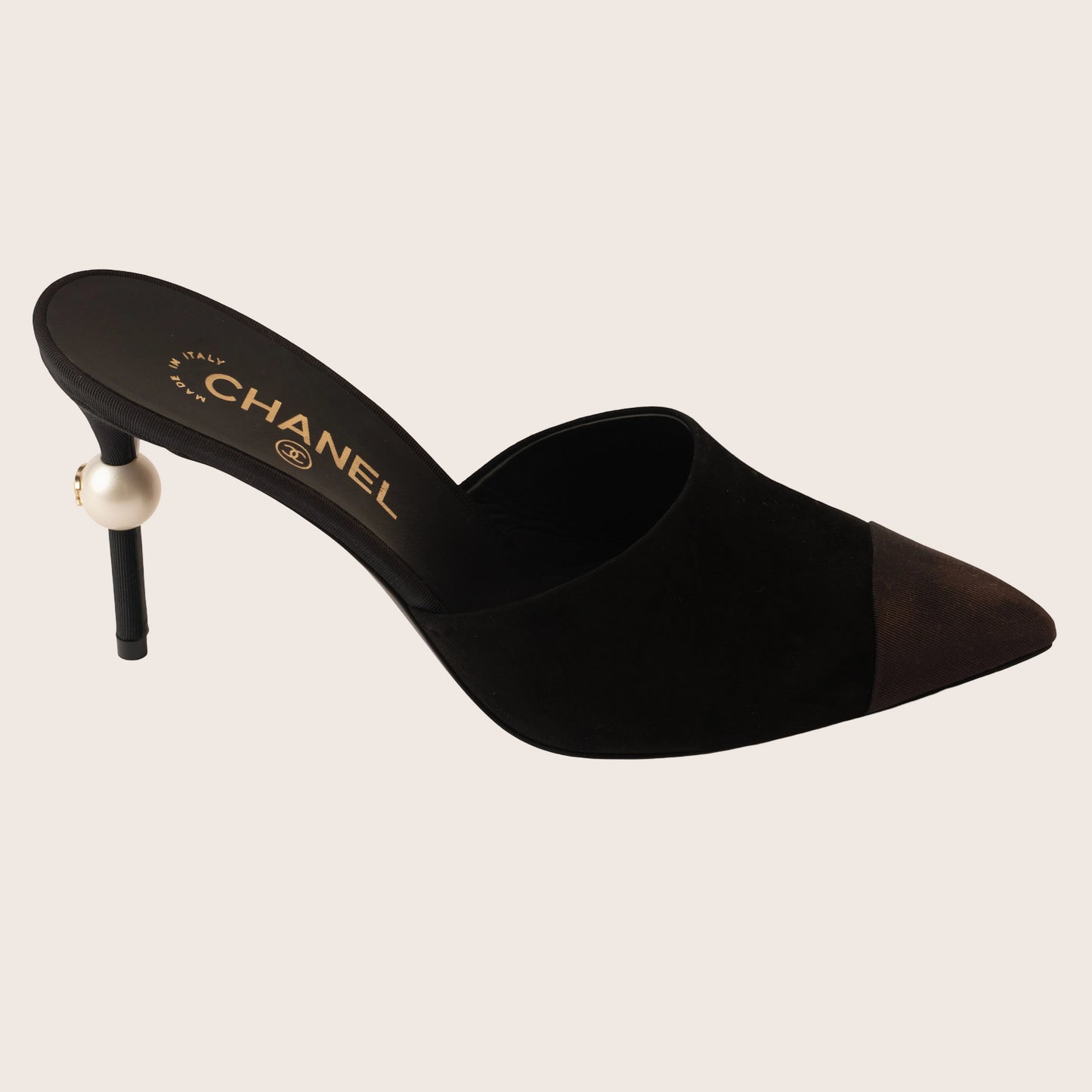 Chanel Black Suede Mules with Pearl-Embellished Heels