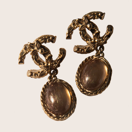 Chanel Vintage Gold CC Earrings with Brown Cabochon