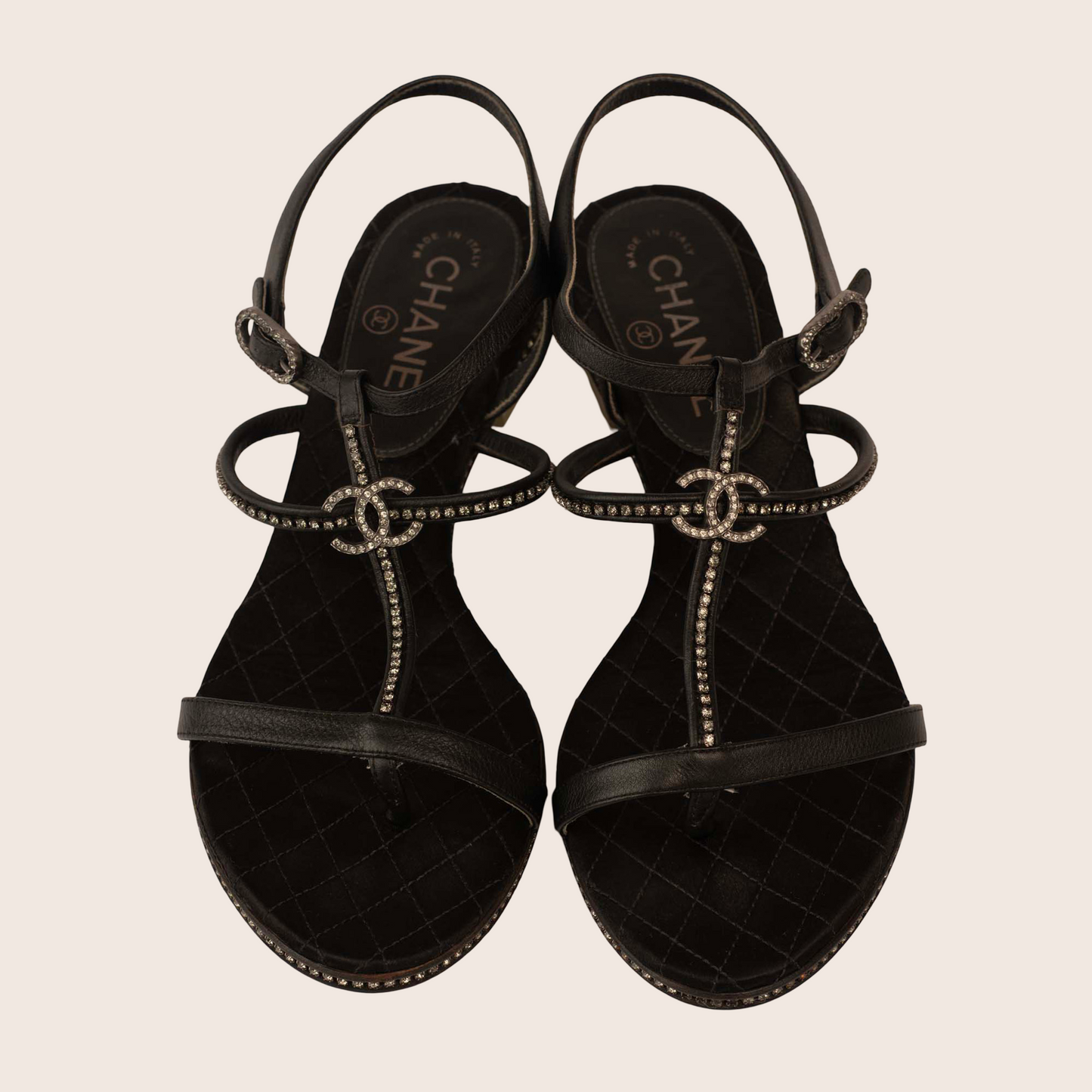 Chanel Black Leather Sandals with Crystal-Embellished CC Logo
