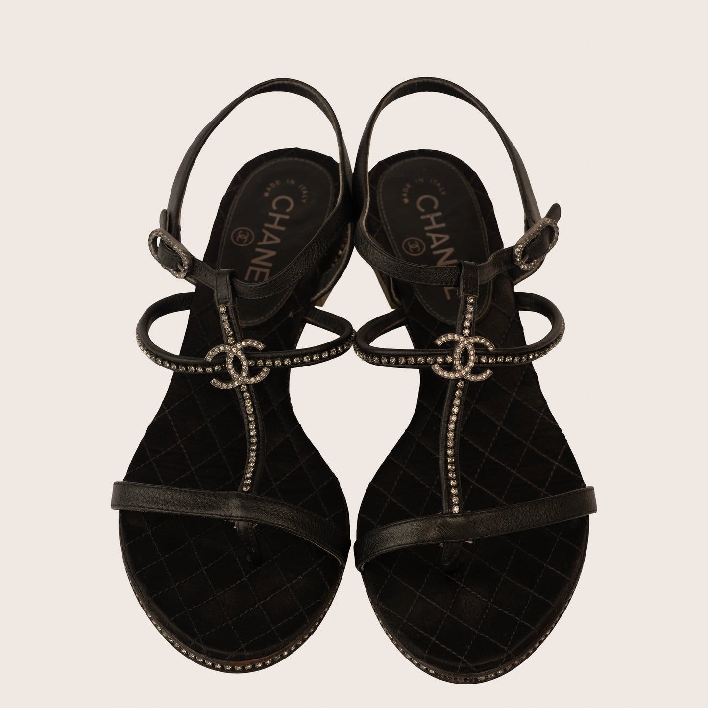 Chanel Black Leather Sandals with Crystal-Embellished CC Logo