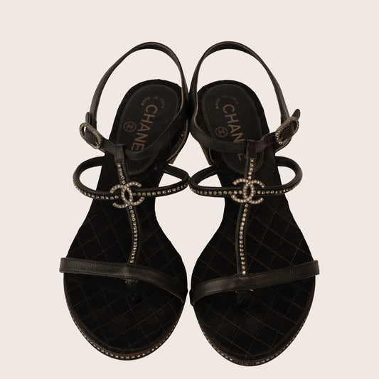 Chanel Black Leather Sandals with Crystal-Embellished CC Logo