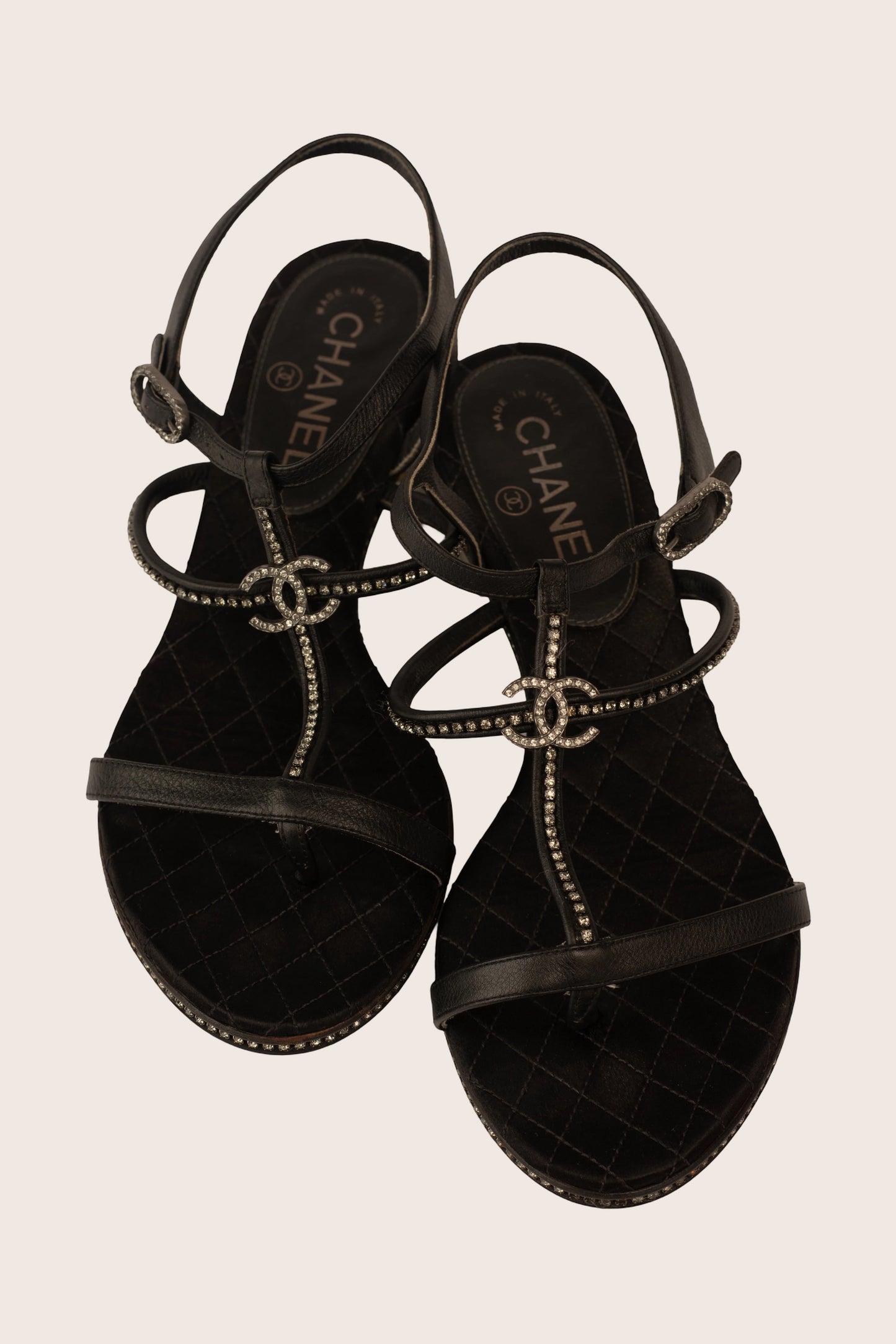 Chanel Black Leather Sandals with Crystal-Embellished CC Logo