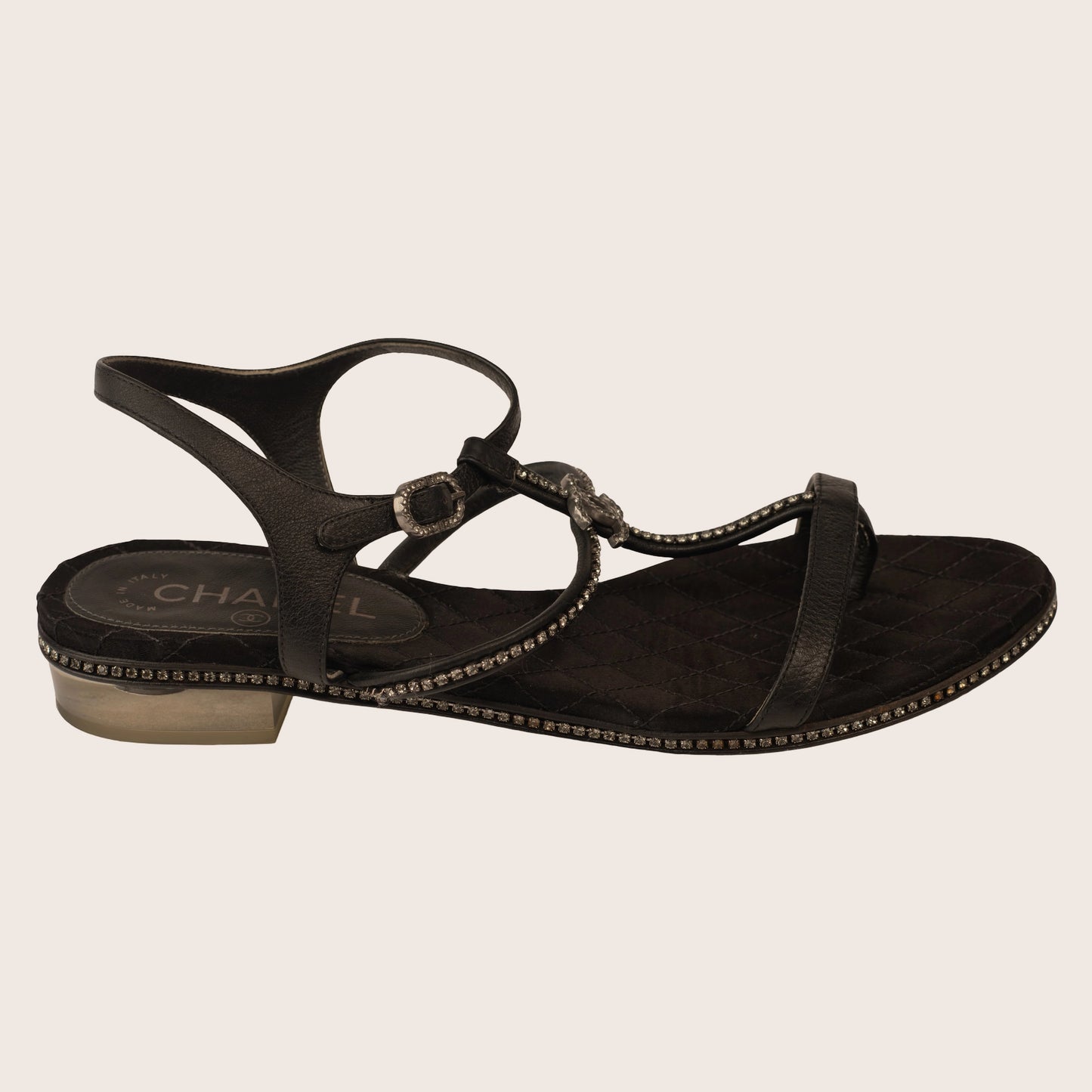 Chanel Black Leather Sandals with Crystal-Embellished CC Logo