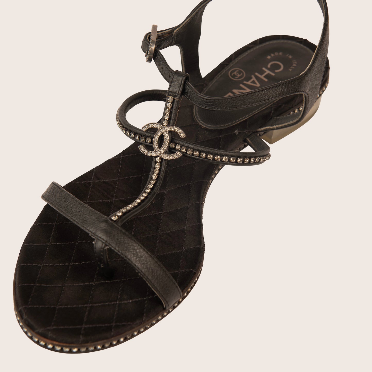 Chanel Black Leather Sandals with Crystal-Embellished CC Logo