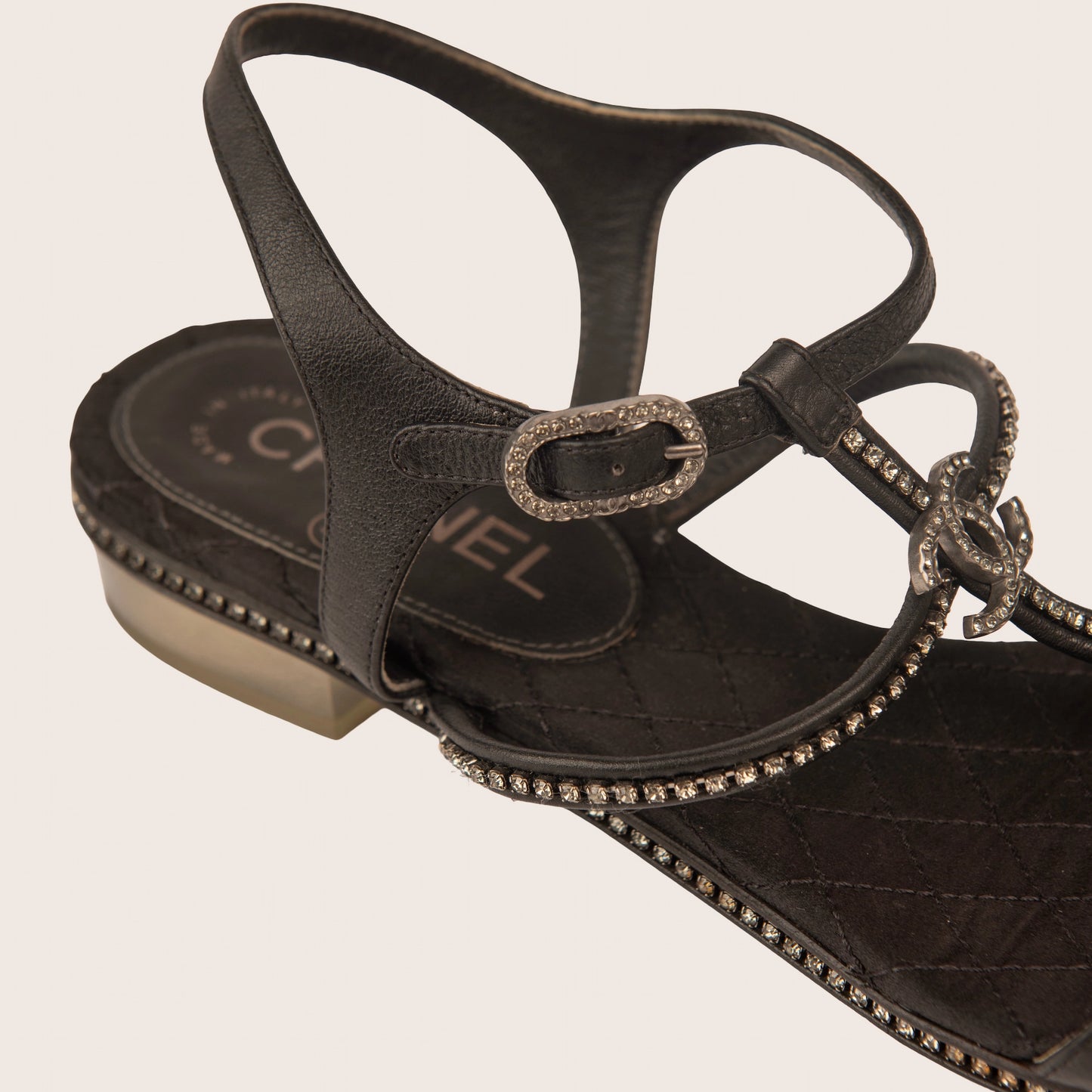 Chanel Black Leather Sandals with Crystal-Embellished CC Logo