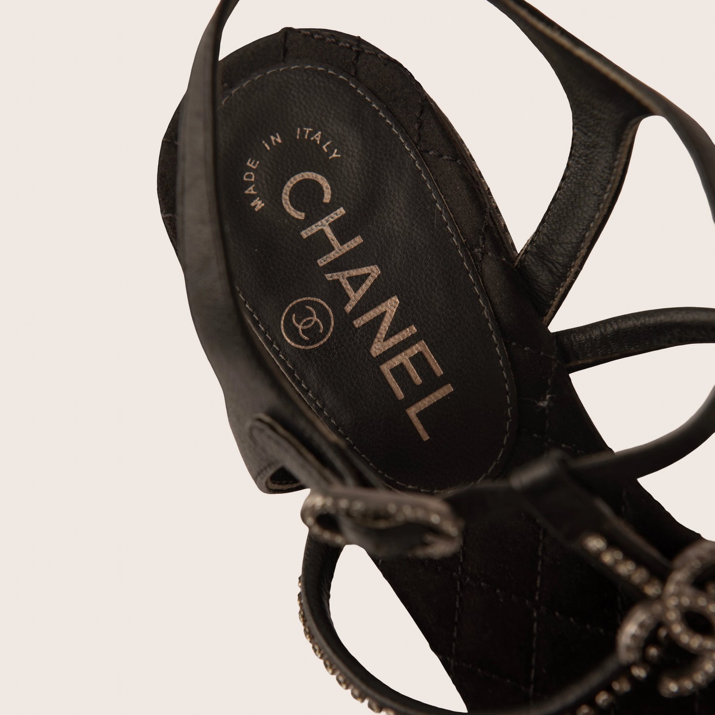 Chanel Black Leather Sandals with Crystal-Embellished CC Logo
