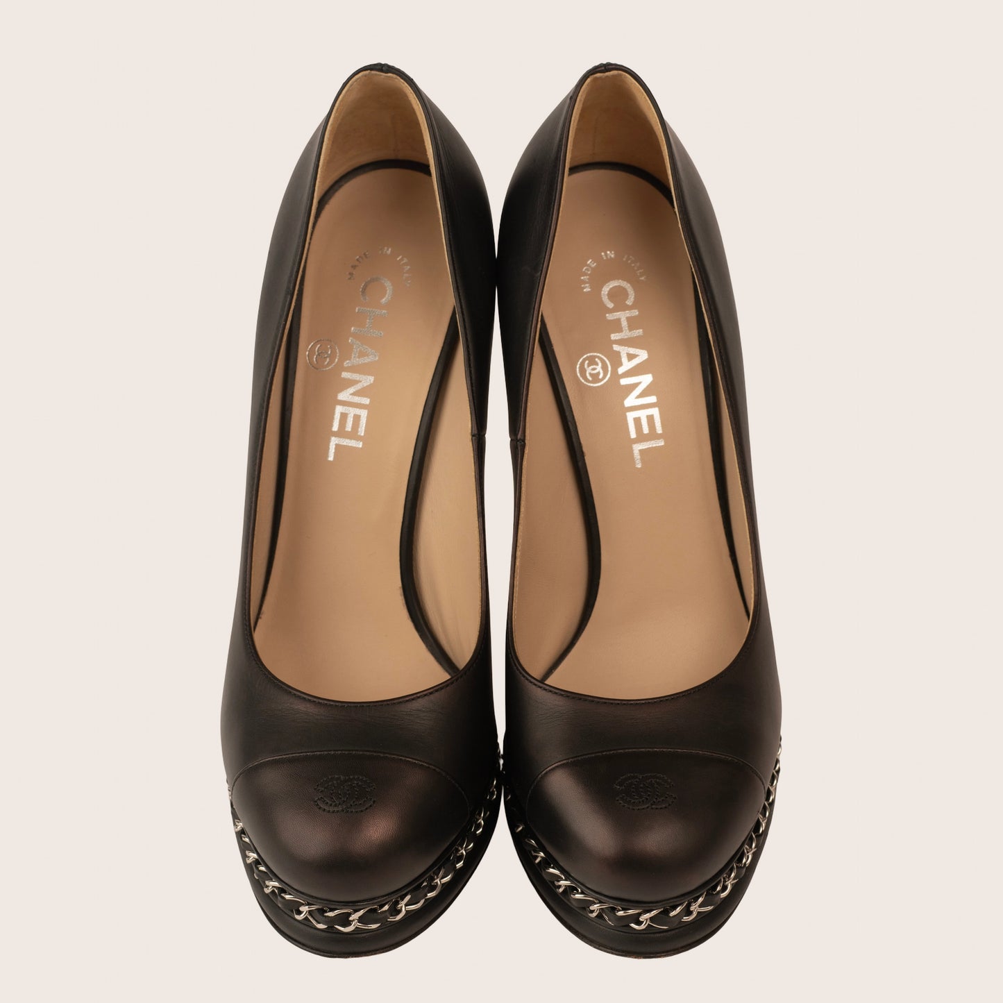 Chanel Black Leather Pumps with Iconic Chain-Embellished Platform