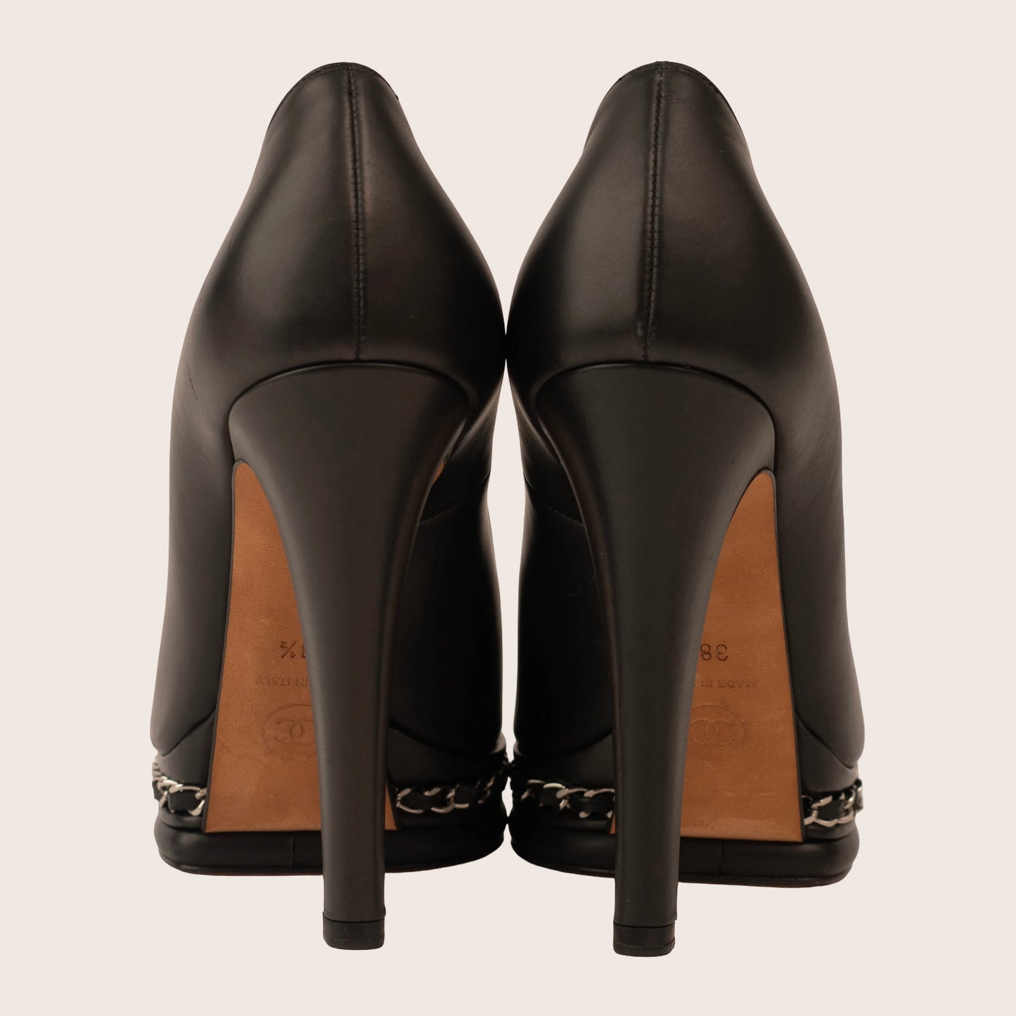 Chanel Black Leather Pumps with Iconic Chain-Embellished Platform