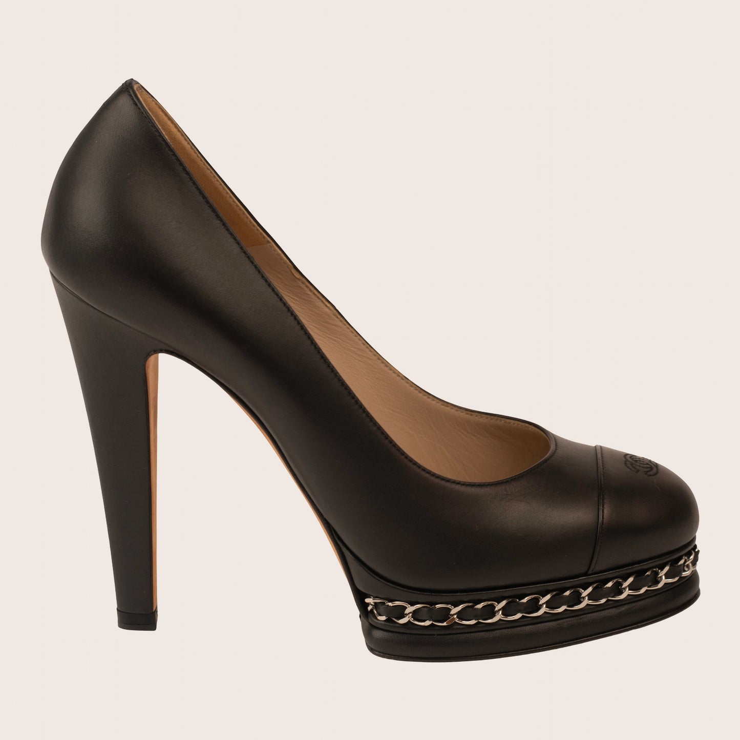 Chanel Black Leather Pumps with Iconic Chain-Embellished Platform
