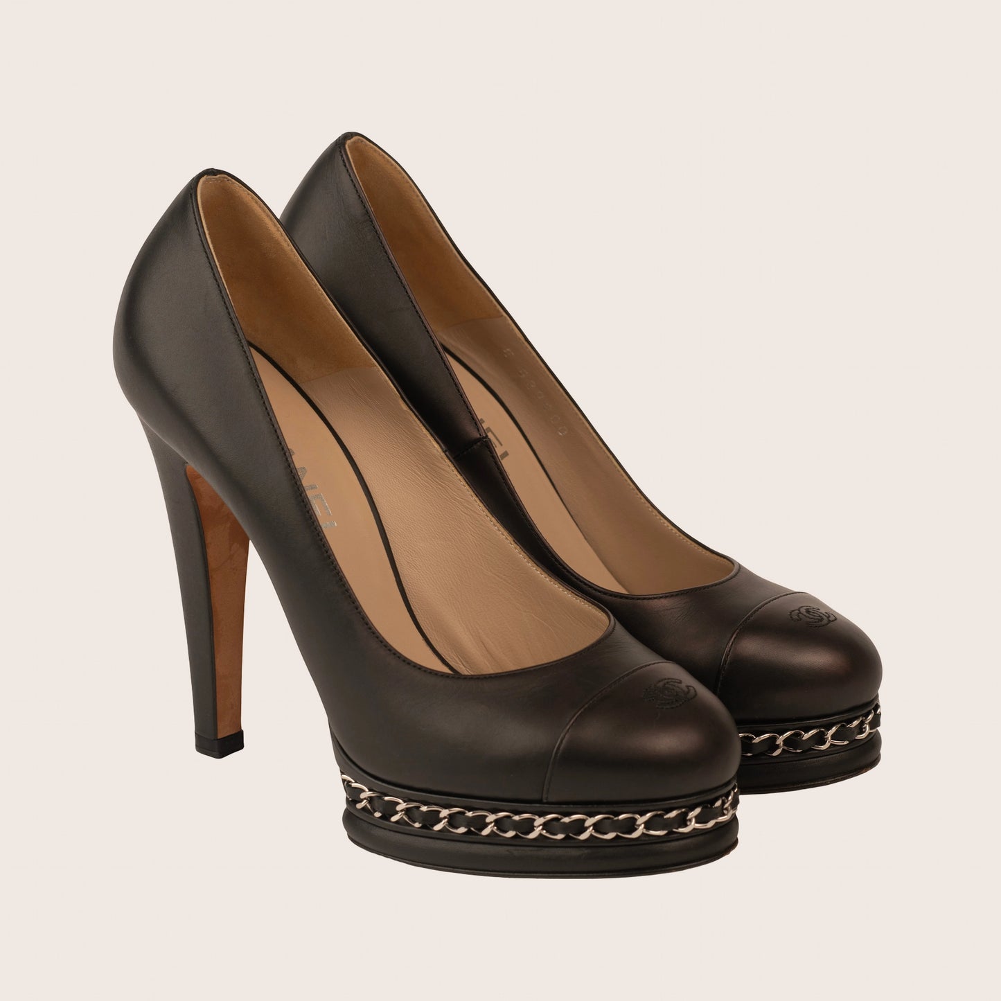 Chanel Black Leather Pumps with Iconic Chain-Embellished Platform