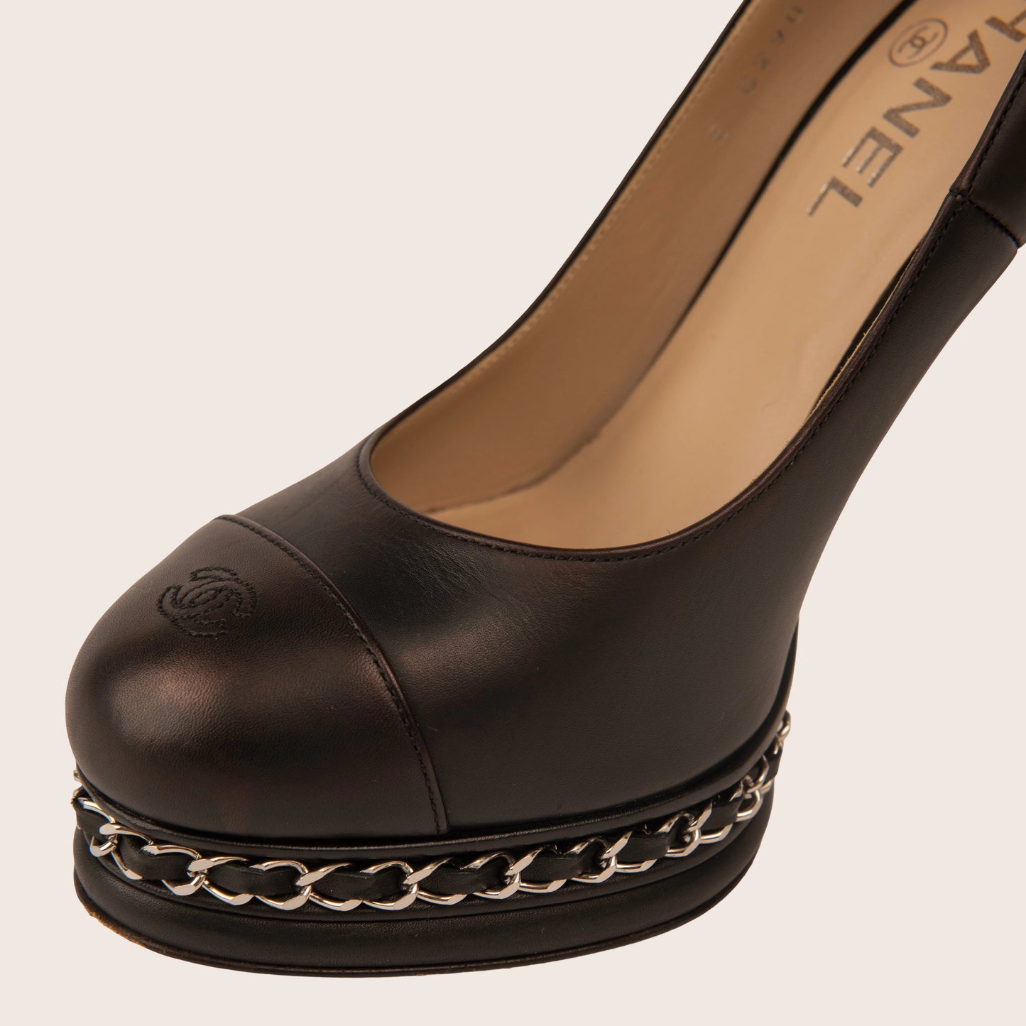 Chanel Black Leather Pumps with Iconic Chain-Embellished Platform