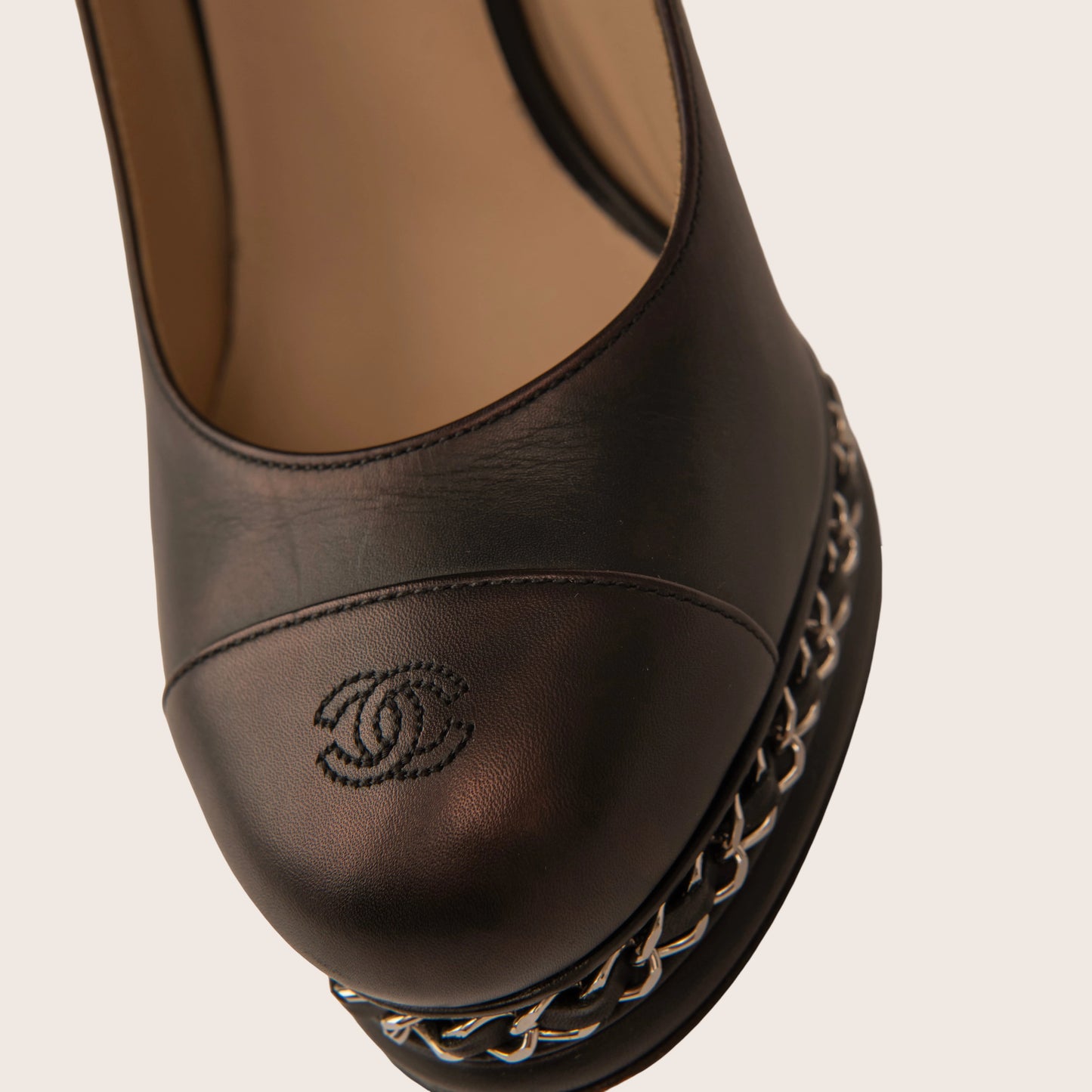 Chanel Black Leather Pumps with Iconic Chain-Embellished Platform