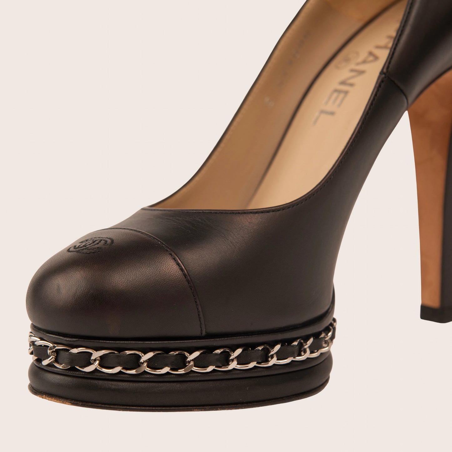 Chanel Black Leather Pumps with Iconic Chain-Embellished Platform