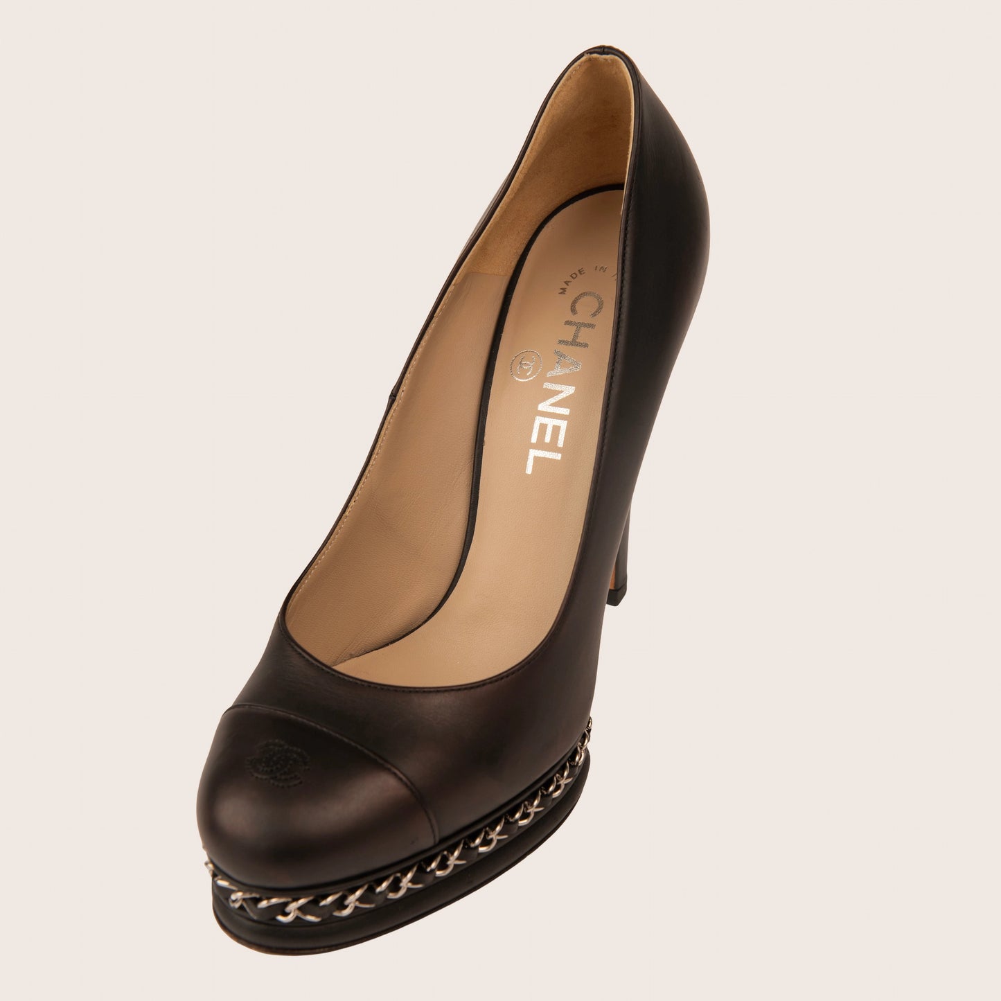 Chanel Black Leather Pumps with Iconic Chain-Embellished Platform