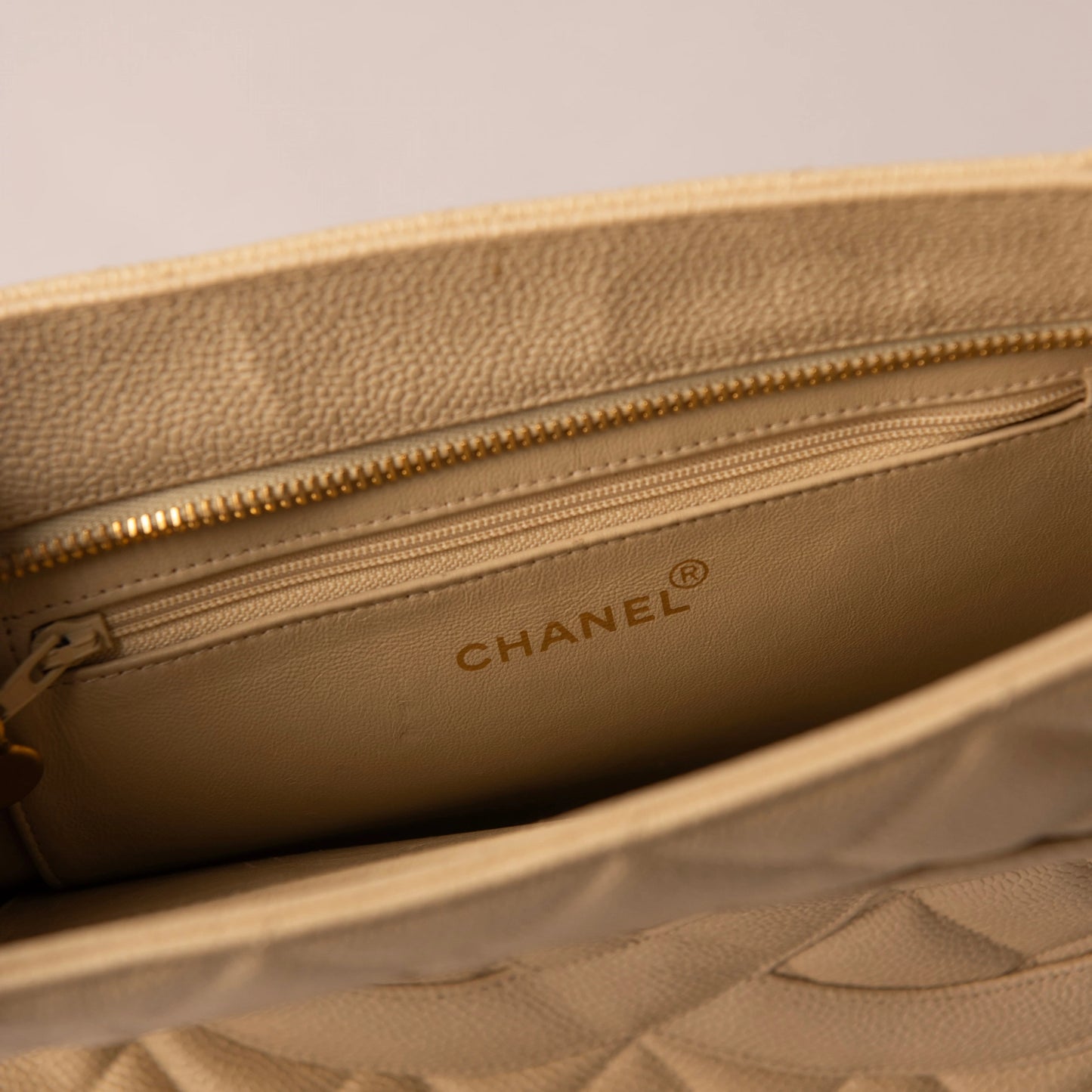 Chanel Beige Quilted Caviar Leather Grand Shopping Tote