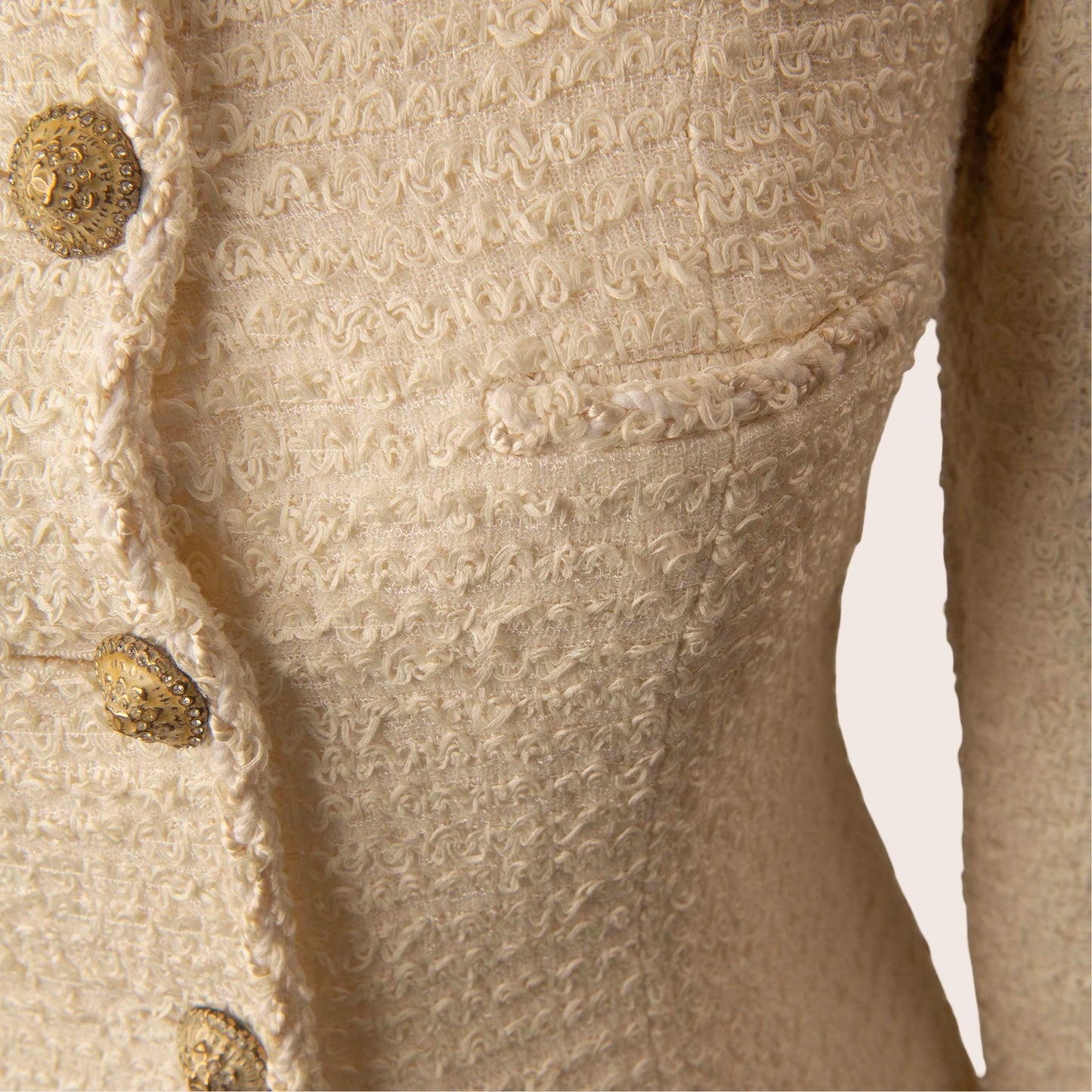 Chanel Cream Bouclé Wool Jacket with Gold CC Buttons