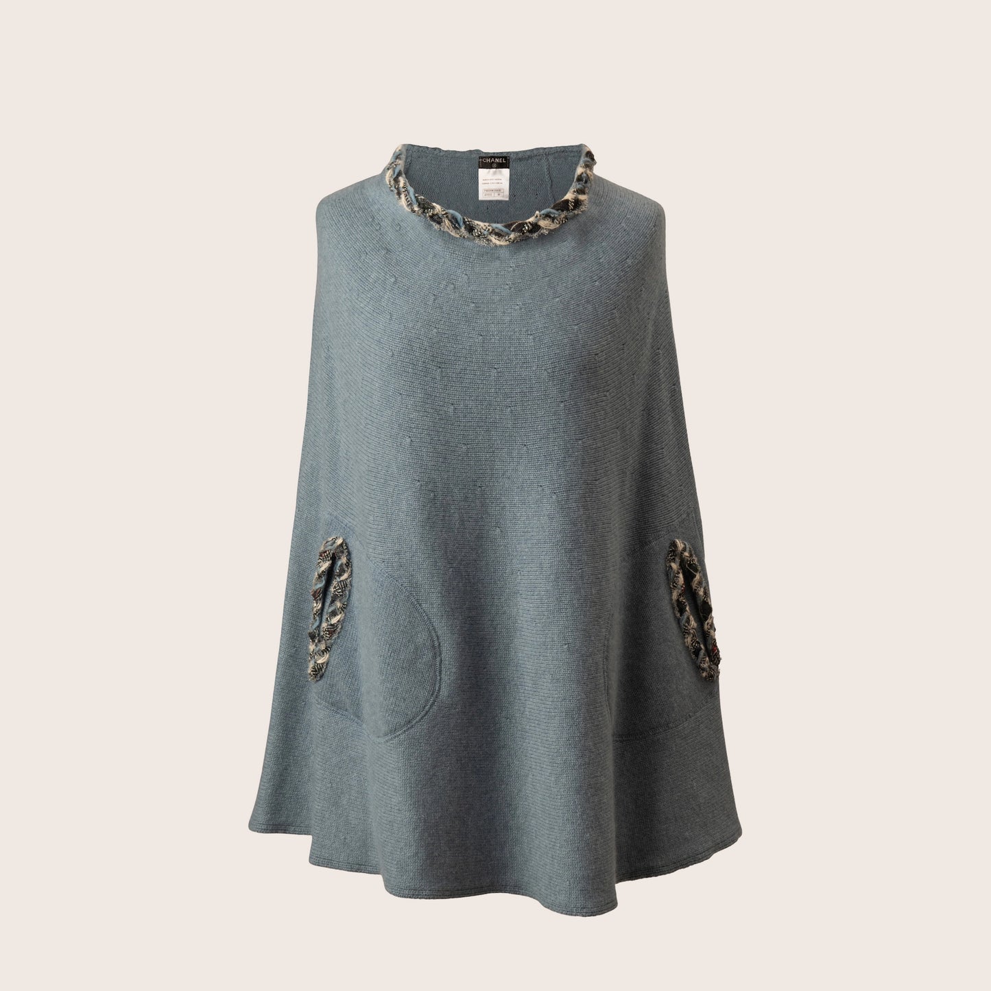 Chanel Blue Wool Cape with Tweed Trim