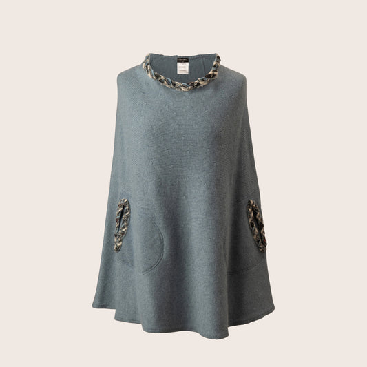 Chanel Blue Wool Cape with Tweed Trim