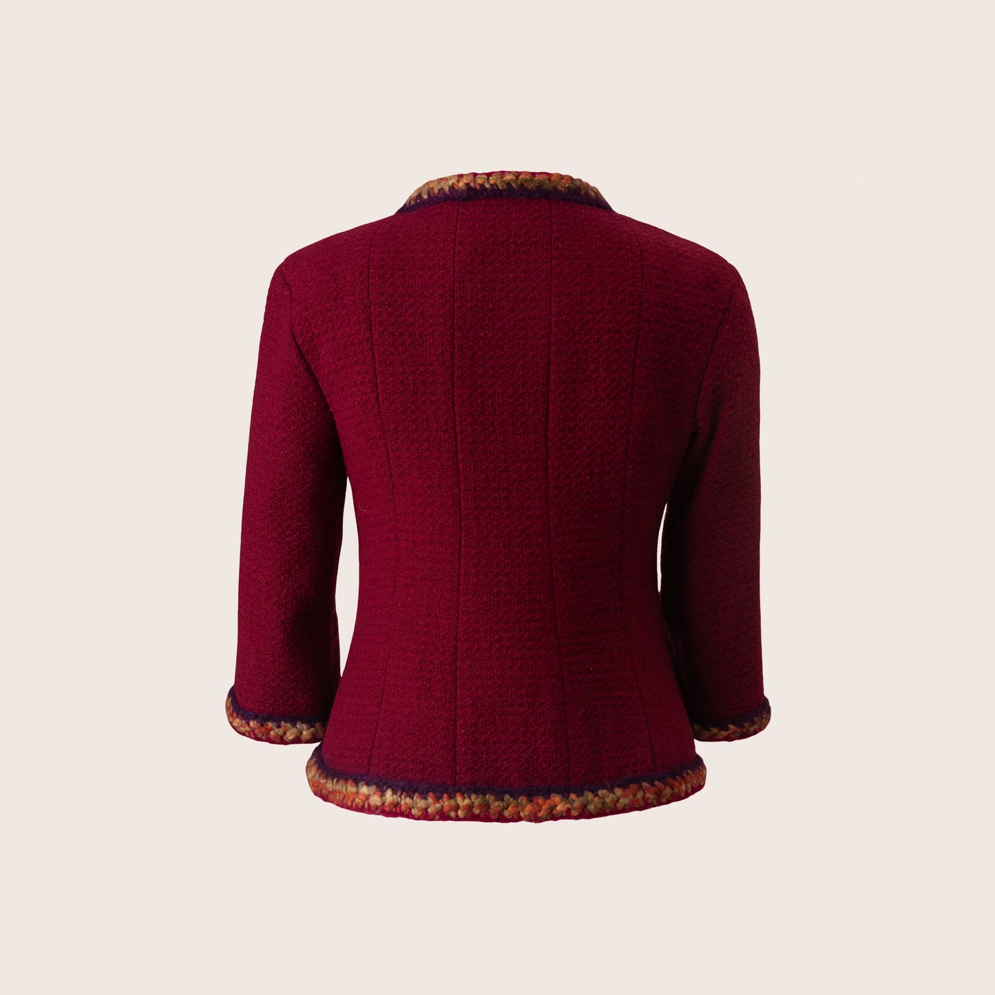 Chanel Burgundy Wool Tweed Jacket with Colorful Crochet Trim