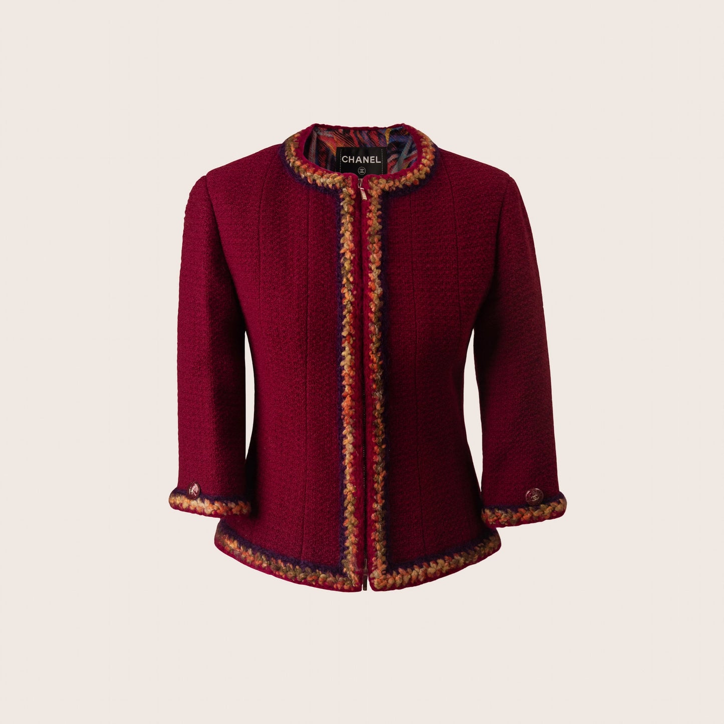 Chanel Burgundy Wool Tweed Jacket with Colorful Crochet Trim