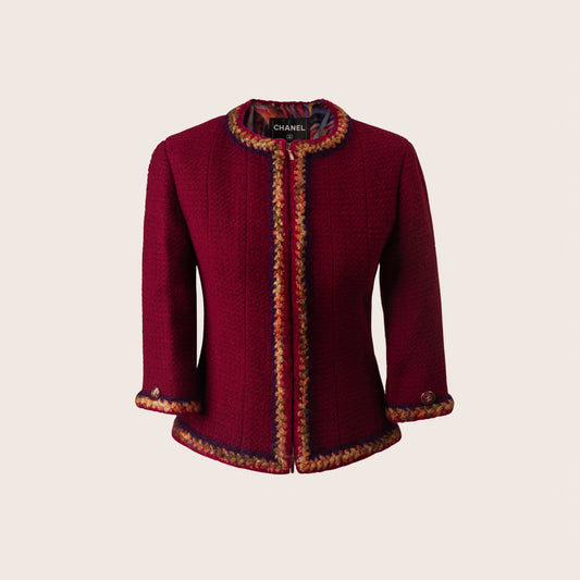 Chanel Burgundy Wool Tweed Jacket with Colorful Crochet Trim