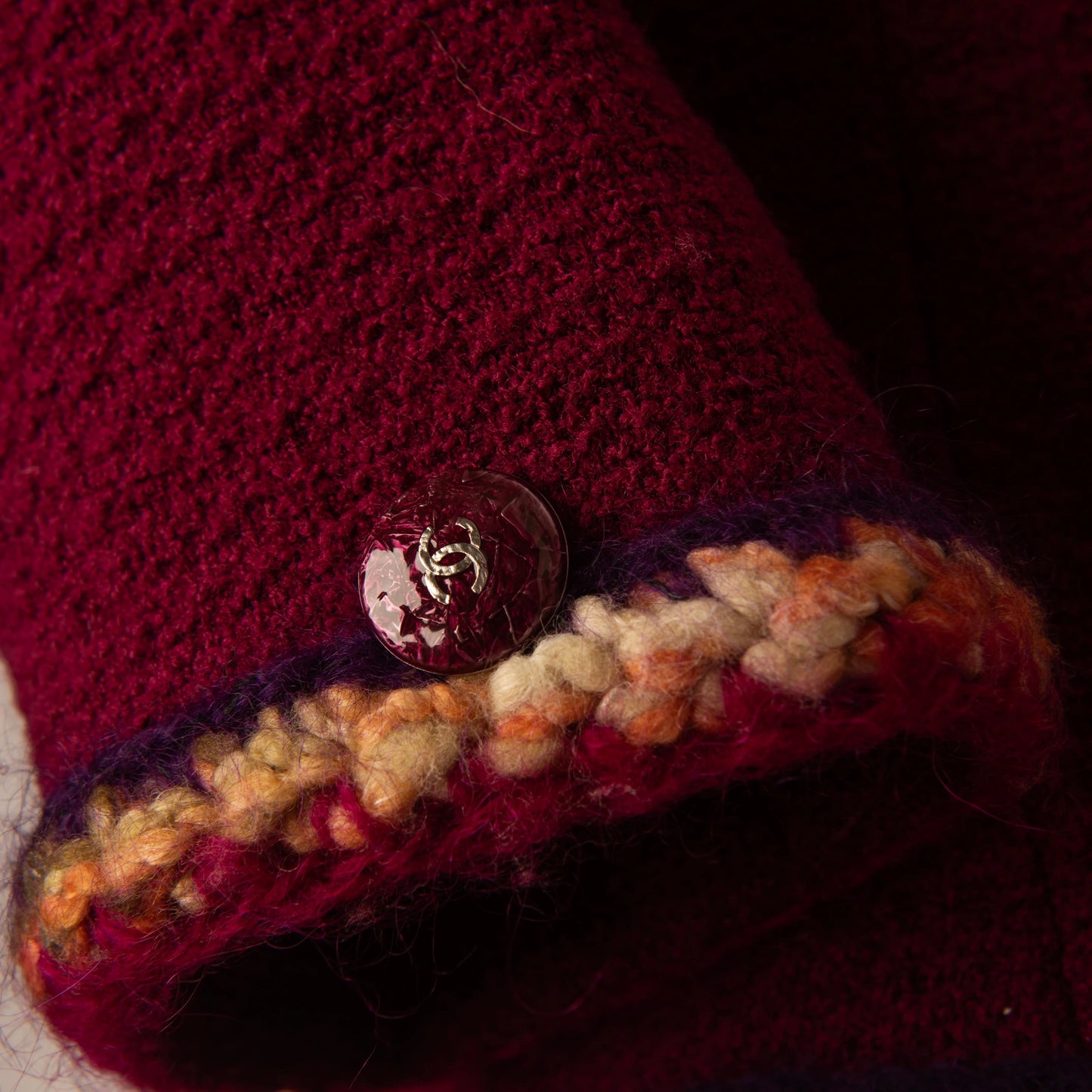 Chanel Burgundy Wool Tweed Jacket with Colorful Crochet Trim