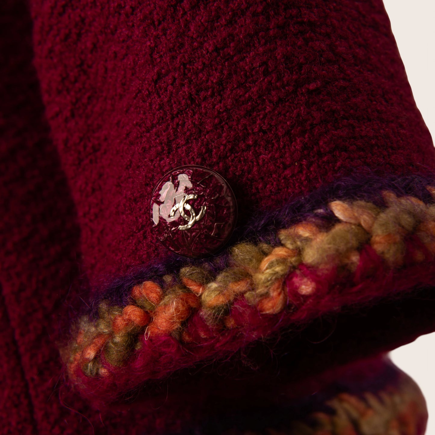 Chanel Burgundy Wool Tweed Jacket with Colorful Crochet Trim