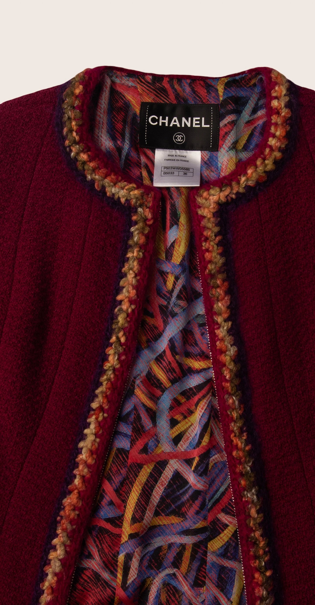 Chanel Burgundy Wool Tweed Jacket with Colorful Crochet Trim
