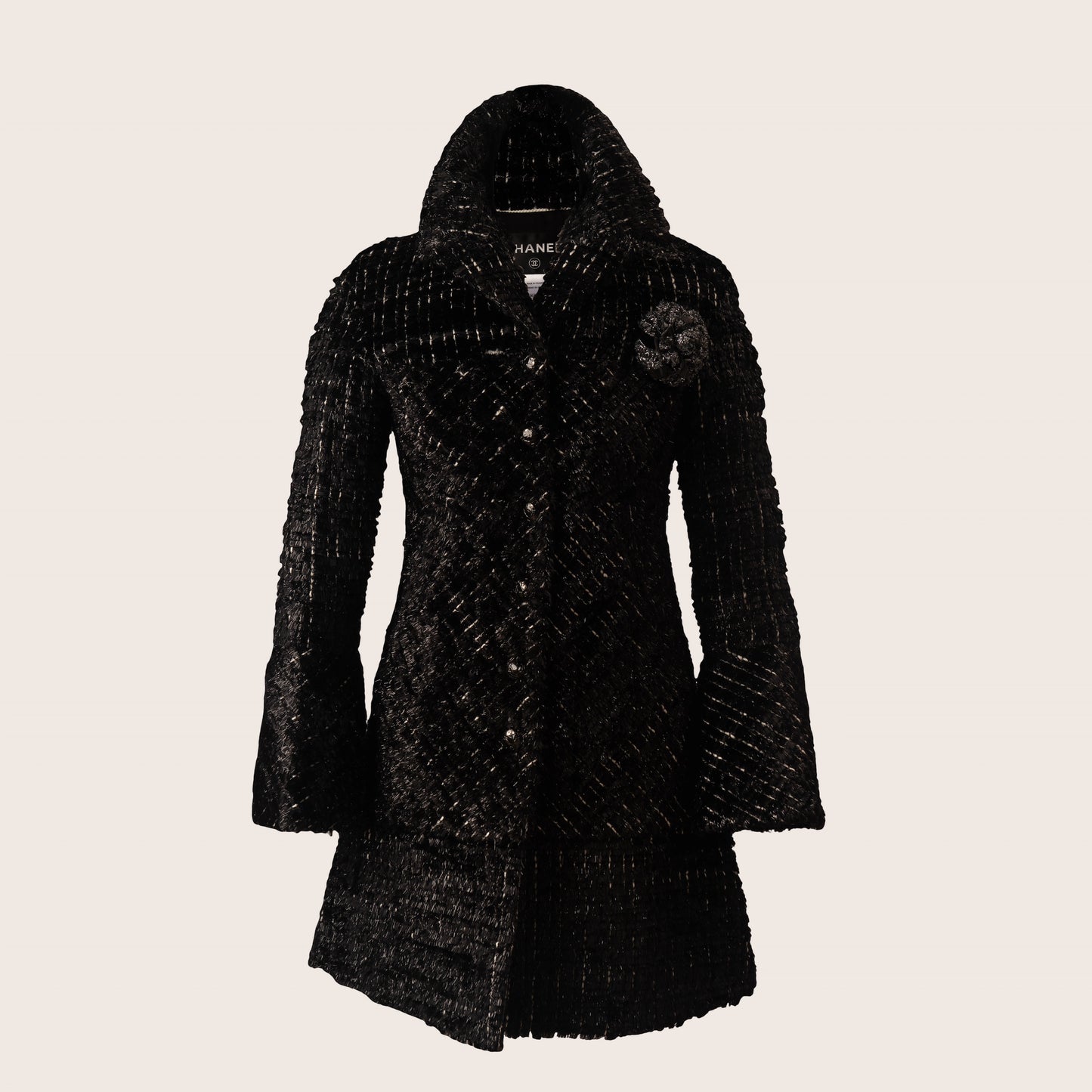 Chanel Black Tweed Jacket with Signature Flower Brooch