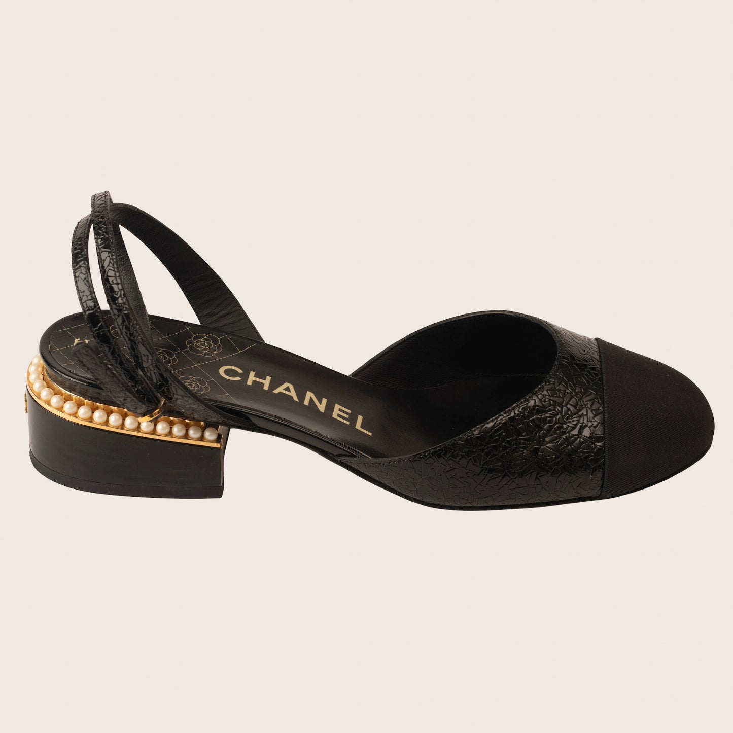 Chanel Black Slingback Sandals with Pearl-Embellished Heels