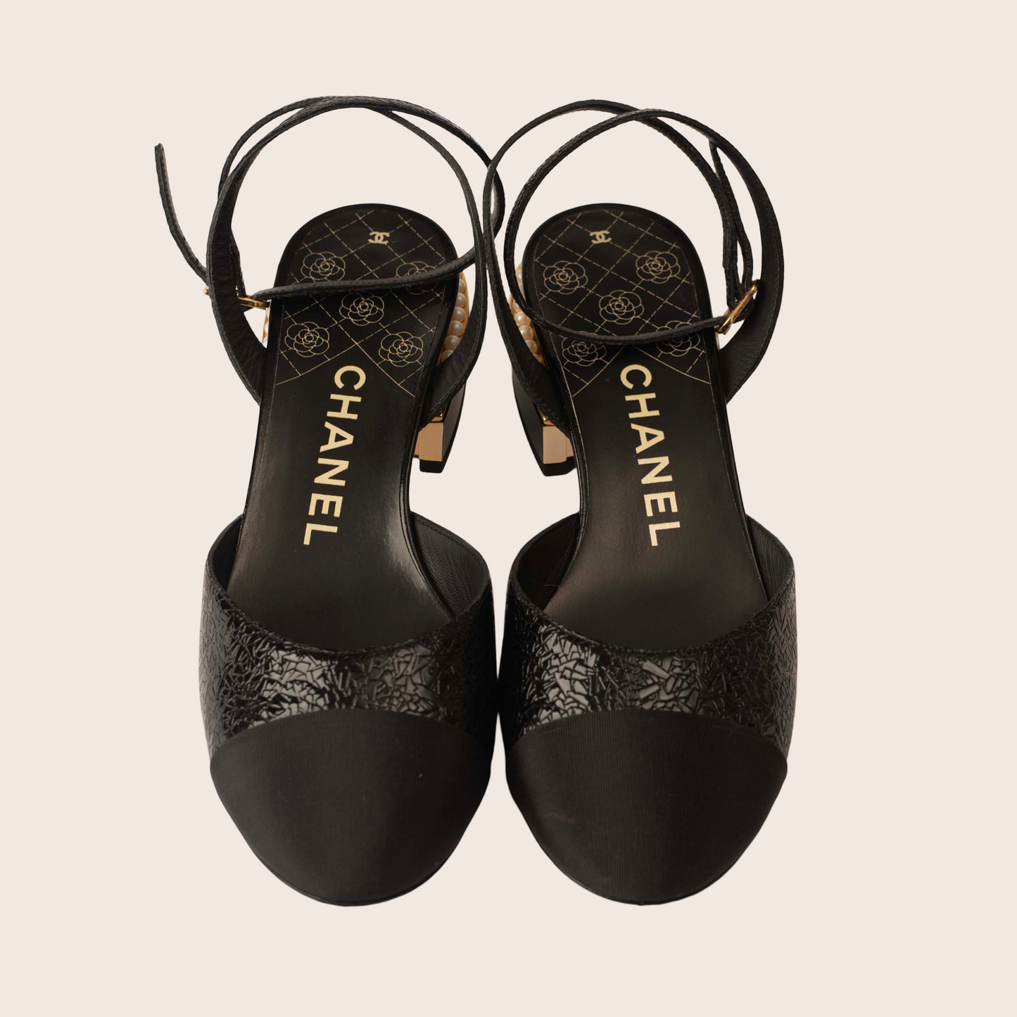 Chanel Black Slingback Sandals with Pearl-Embellished Heels