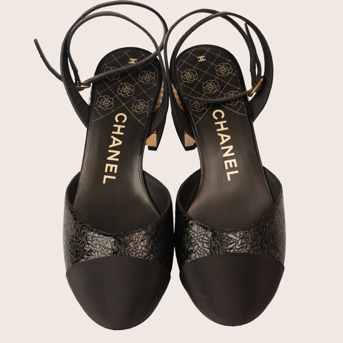 Chanel Black Slingback Sandals with Pearl-Embellished Heels