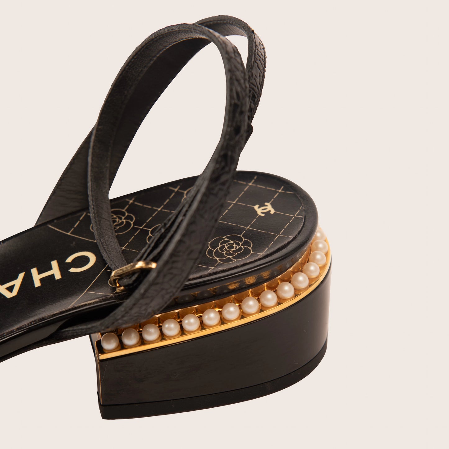 Chanel Black Slingback Sandals with Pearl-Embellished Heels