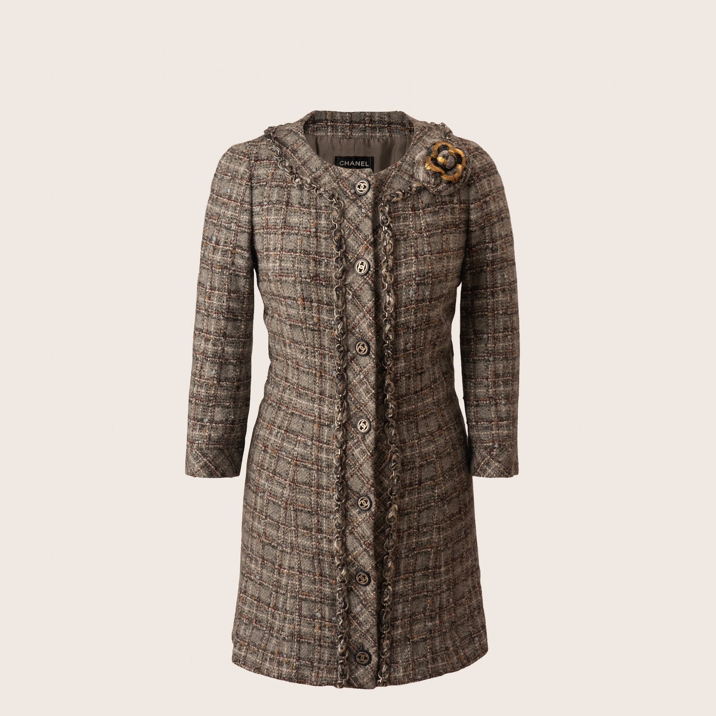 Chanel Tweed Coat with Gold-Accented Flower Brooch