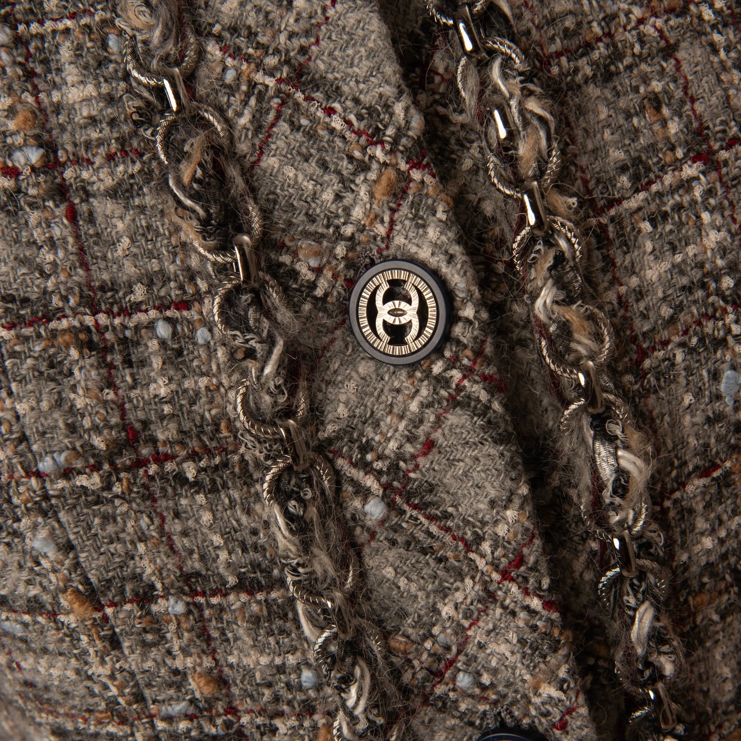 Chanel Tweed Coat with Gold-Accented Flower Brooch