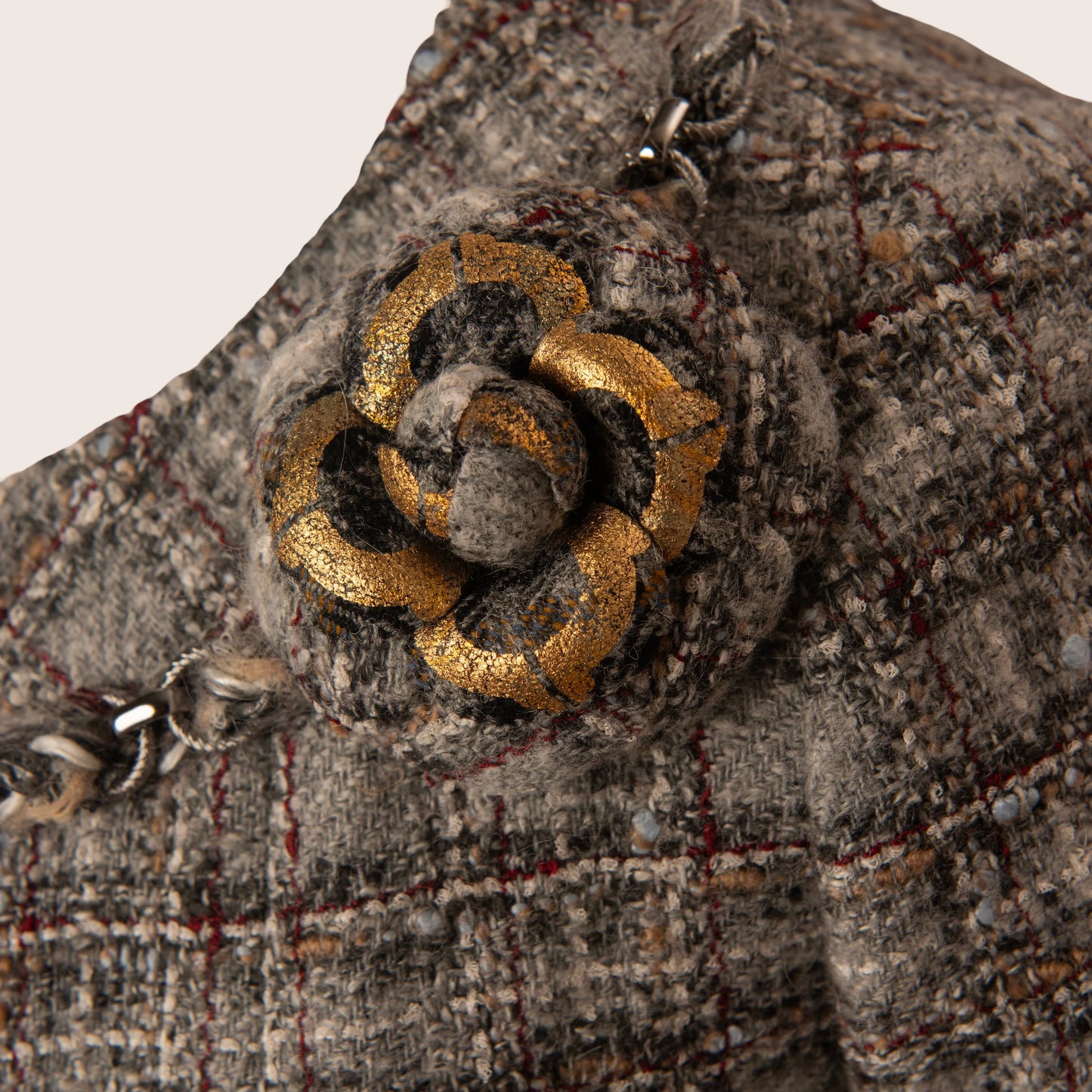 Chanel Tweed Coat with Gold-Accented Flower Brooch