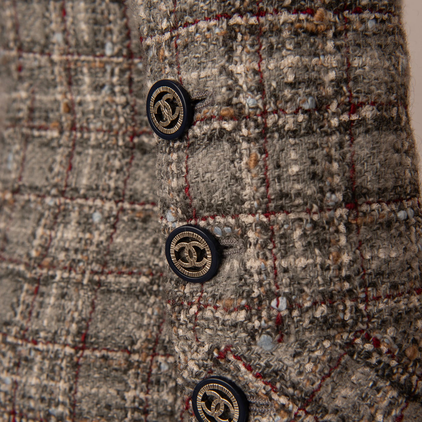 Chanel Tweed Coat with Gold-Accented Flower Brooch