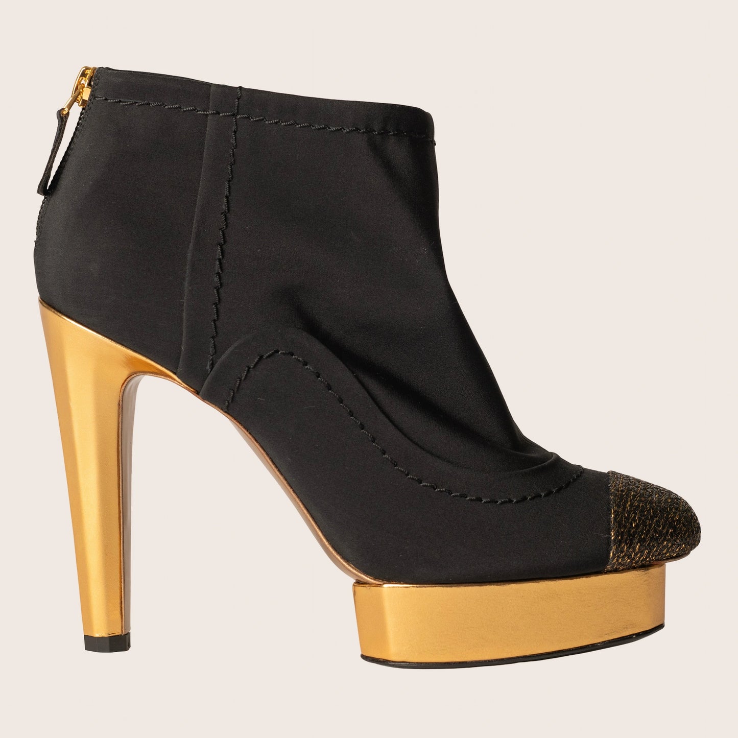 Chanel Black and Gold Ankle Platform Heeled Boots