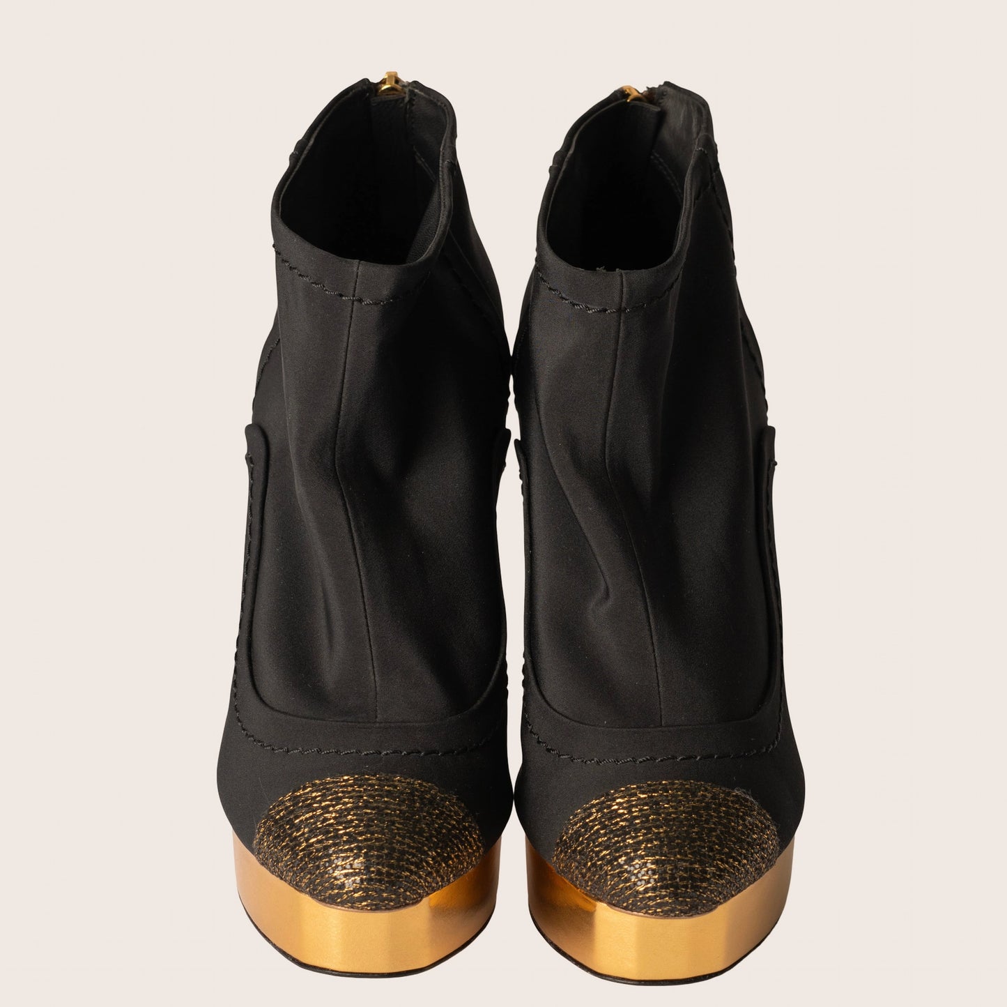 Chanel Black and Gold Ankle Platform Heeled Boots