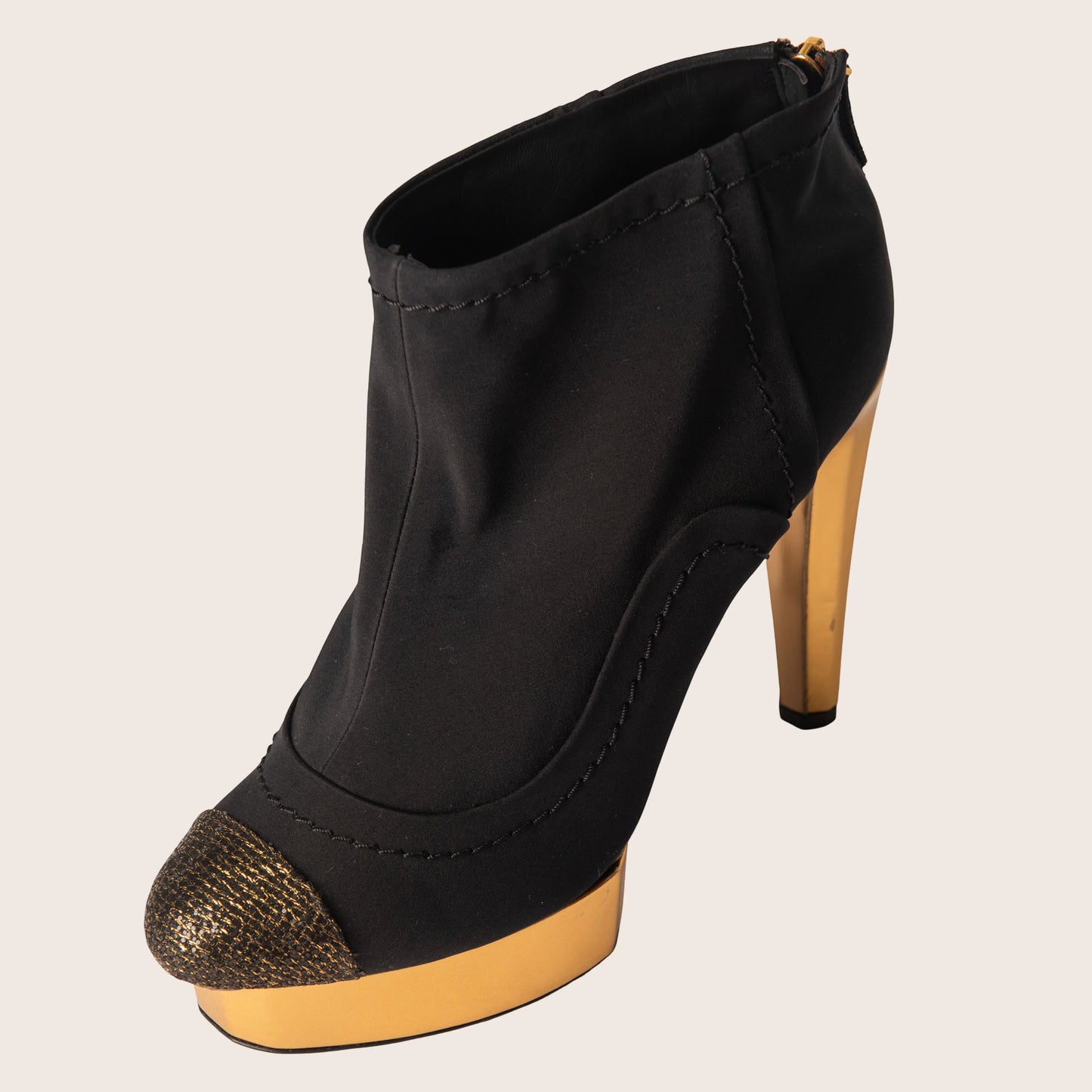 Chanel Black and Gold Ankle Platform Heeled Boots
